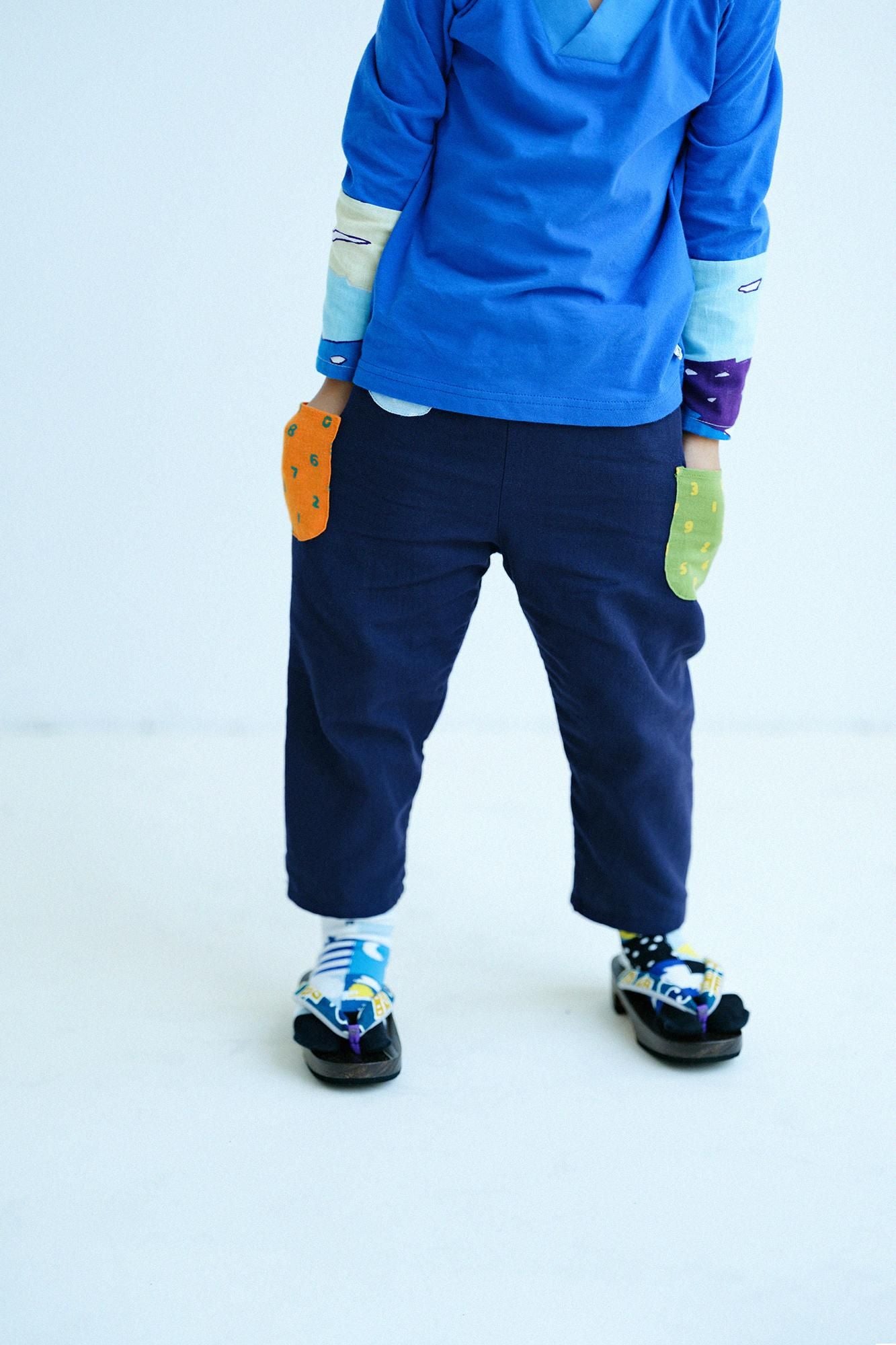 ●伊勢木棉 三袋童裝長褲 附裡襯／深藍