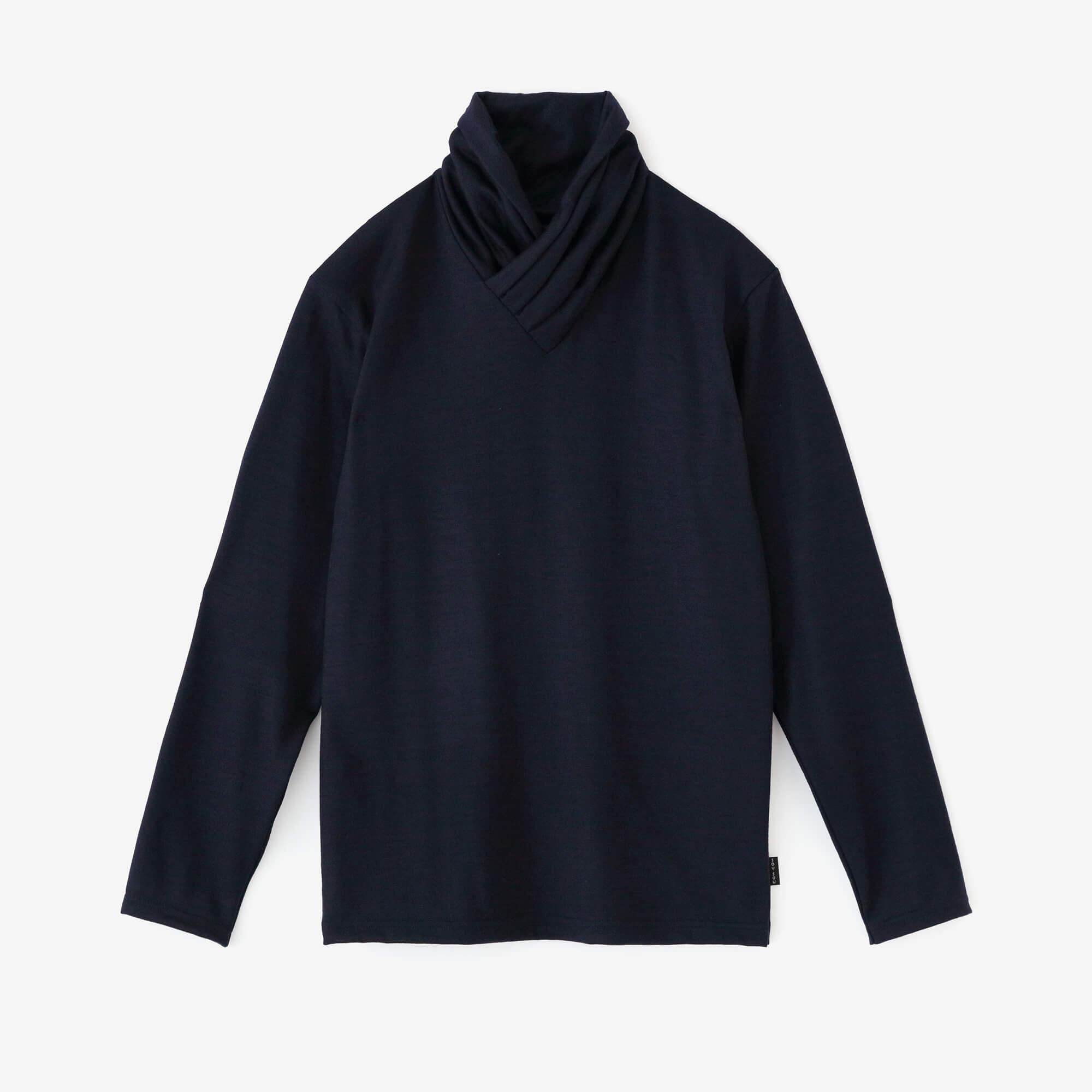 平針織 可洗羊毛 高領上衣／暗藍色