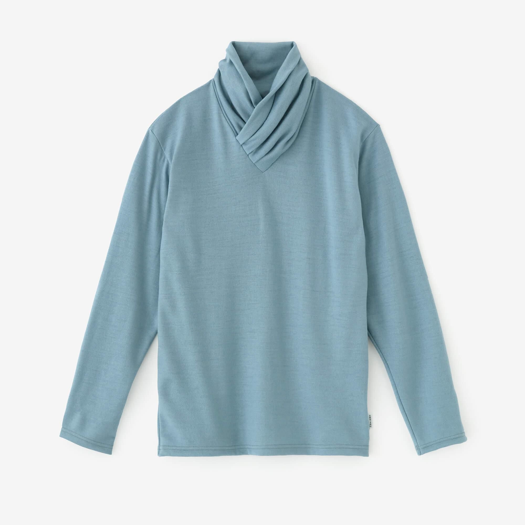 平針織 可洗羊毛 高領上衣／灰藍色