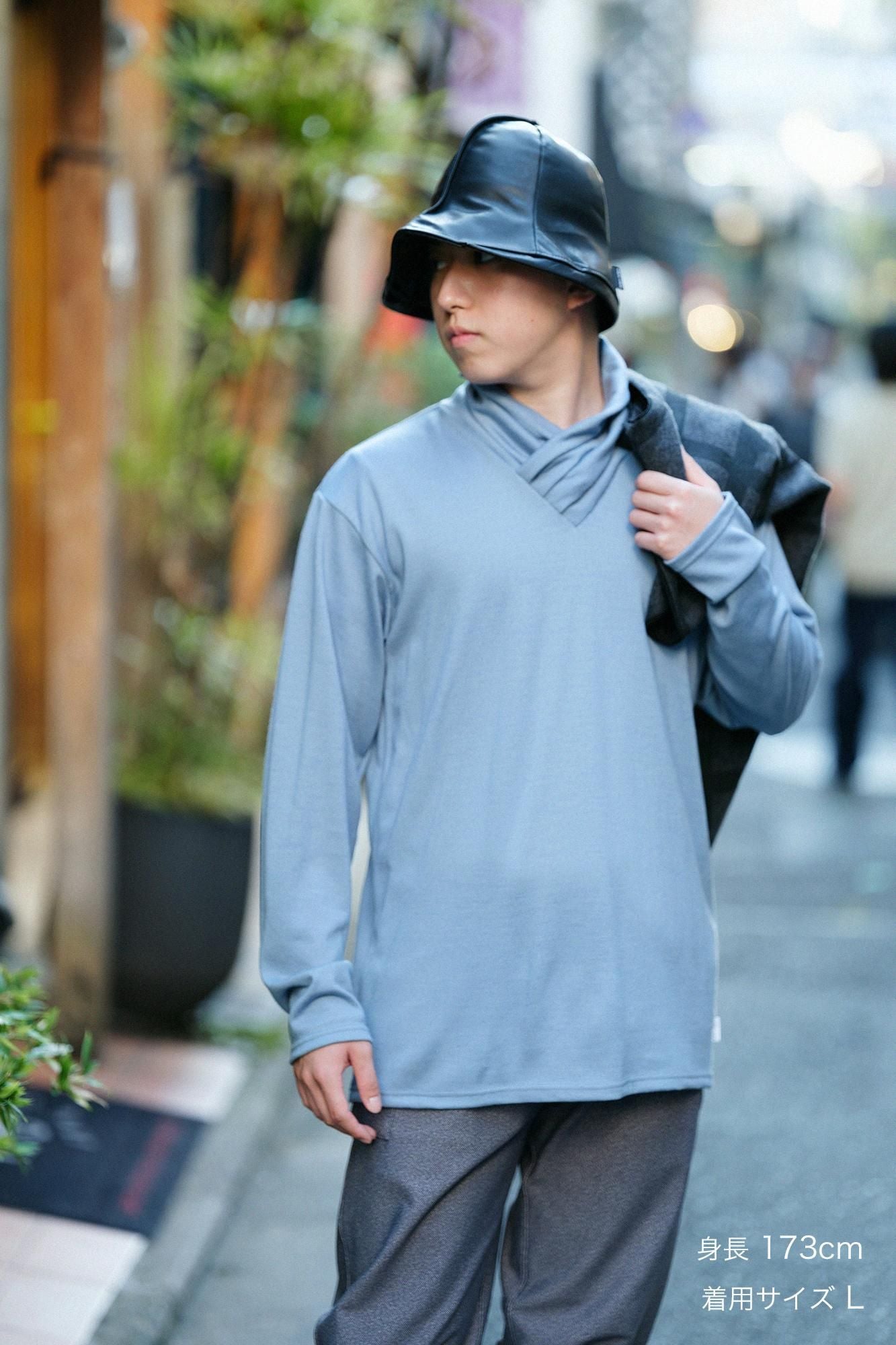 平針織 可洗羊毛 高領上衣／灰藍色