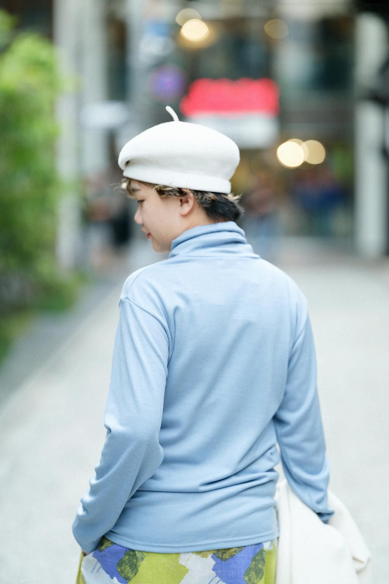 平針織 可洗羊毛 高領上衣／灰藍色