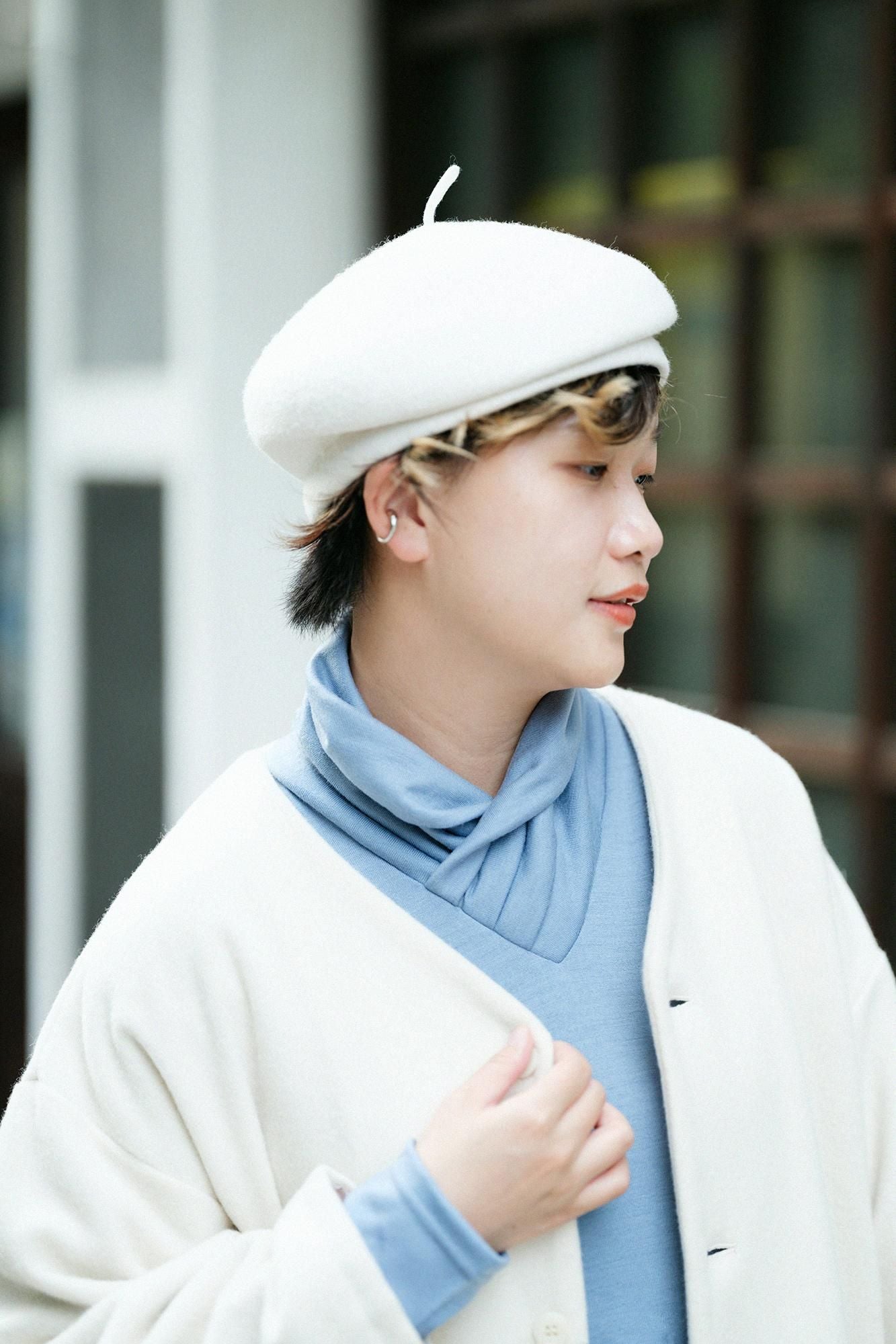 平針織 可洗羊毛 高領上衣／灰藍色