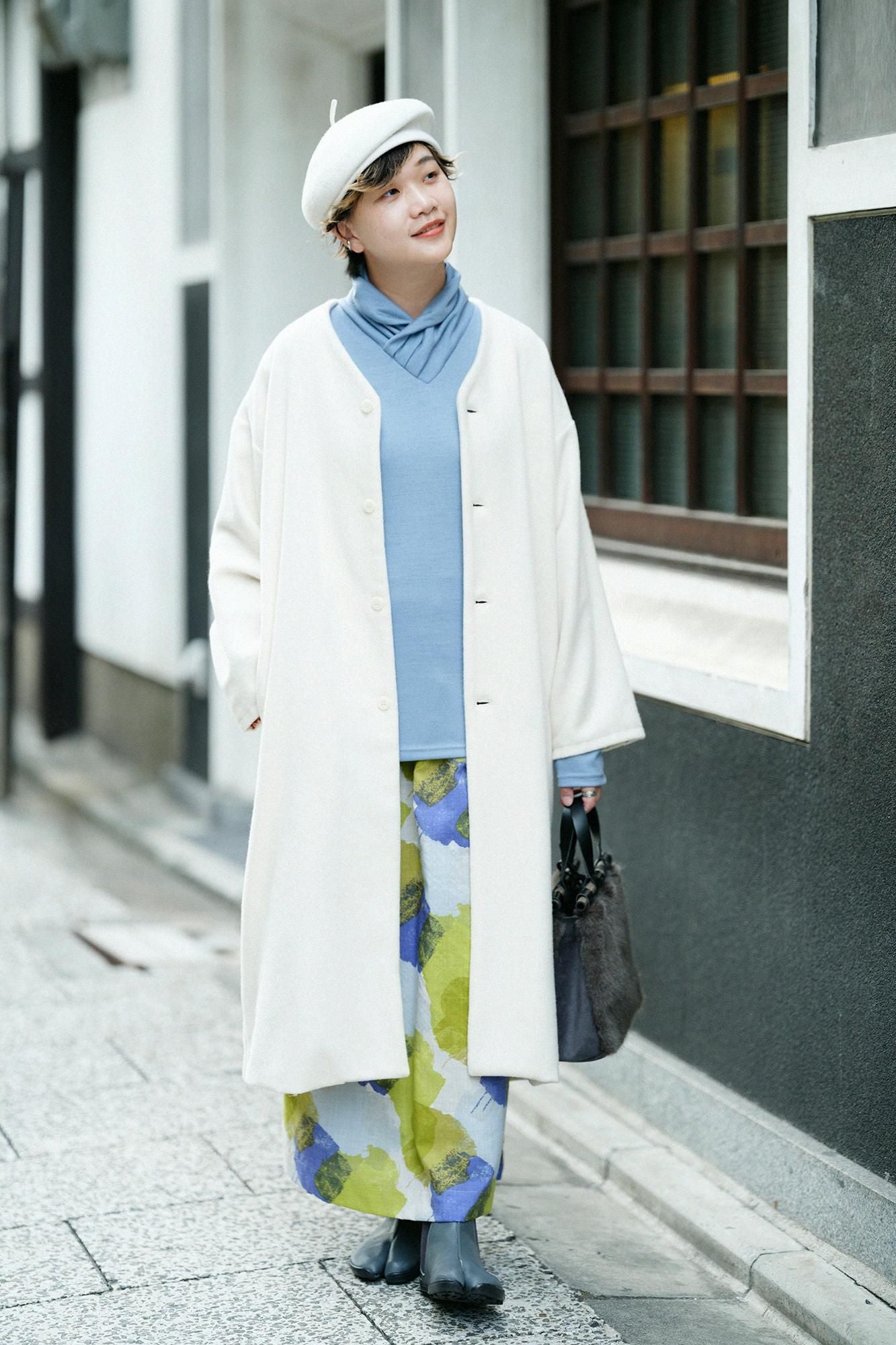 平針織 可洗羊毛 高領上衣／灰藍色