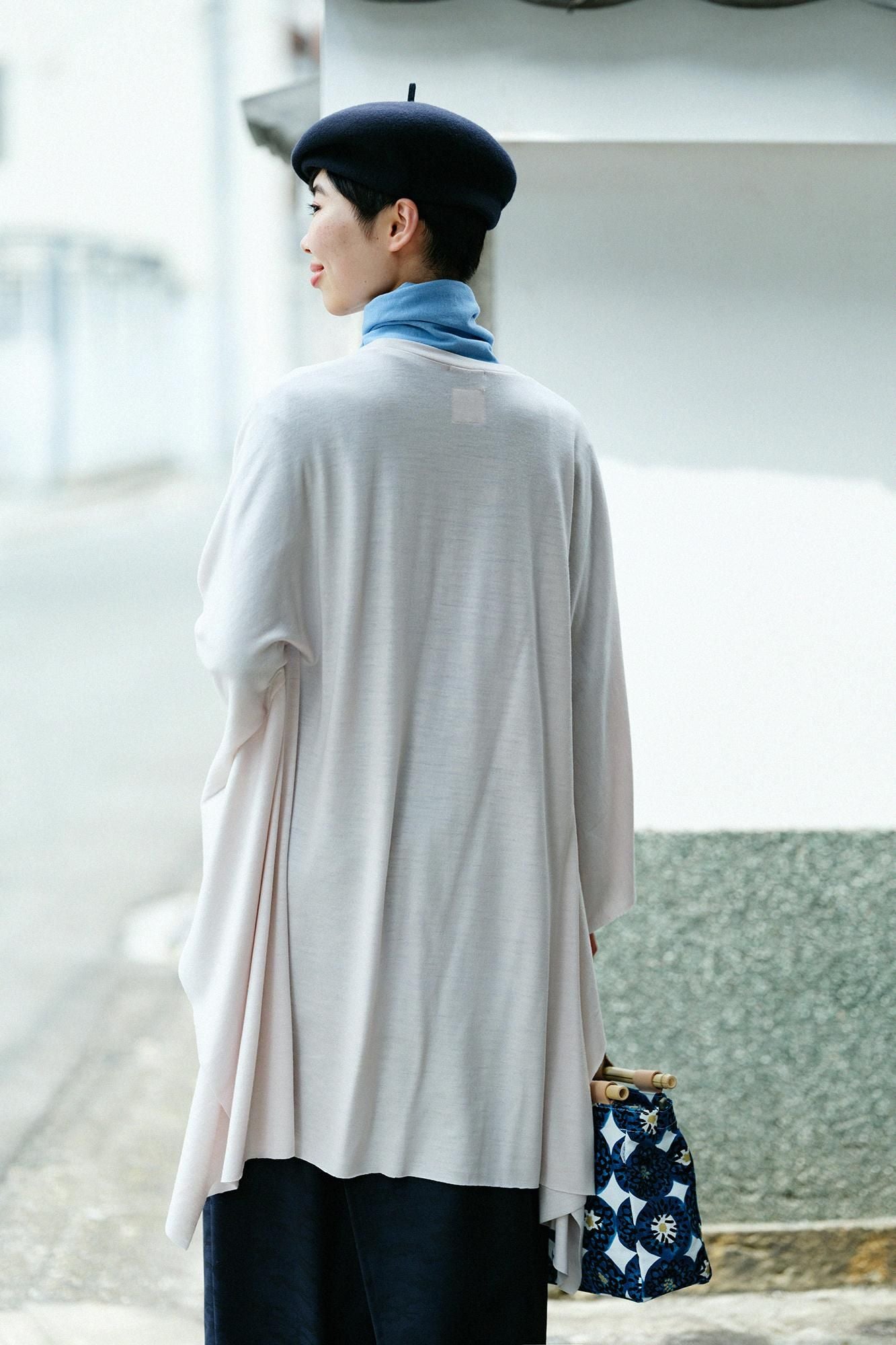 平針織 可洗羊毛飛鼠袖外披/櫻灰色