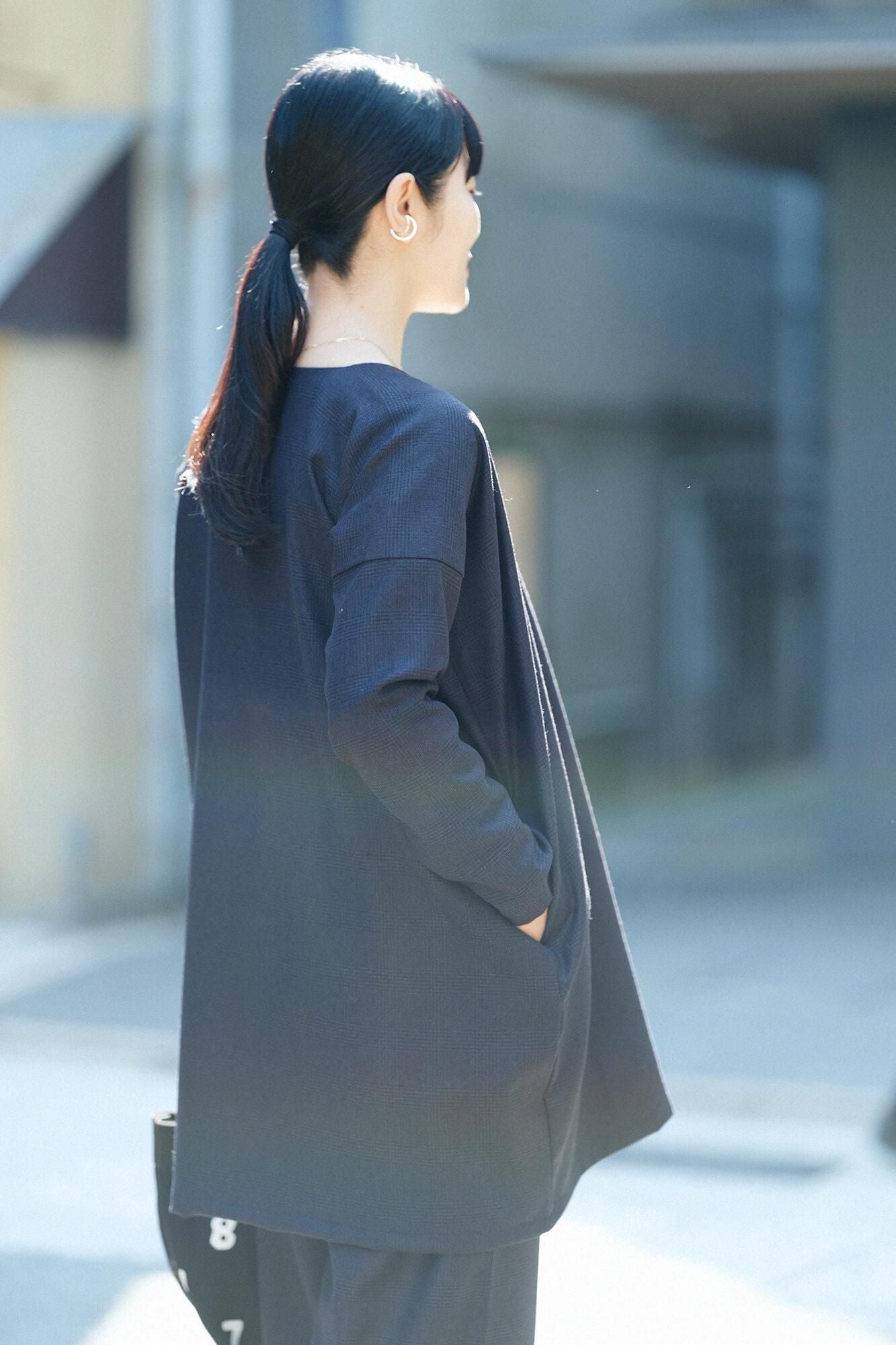 Houndstooth Check Long Sleeve Tunic / Dark Navy