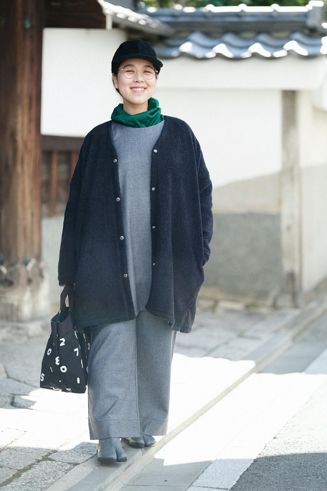 ハウンドトゥースチェック ロングスリーブチュニック／灰青（はいあお）