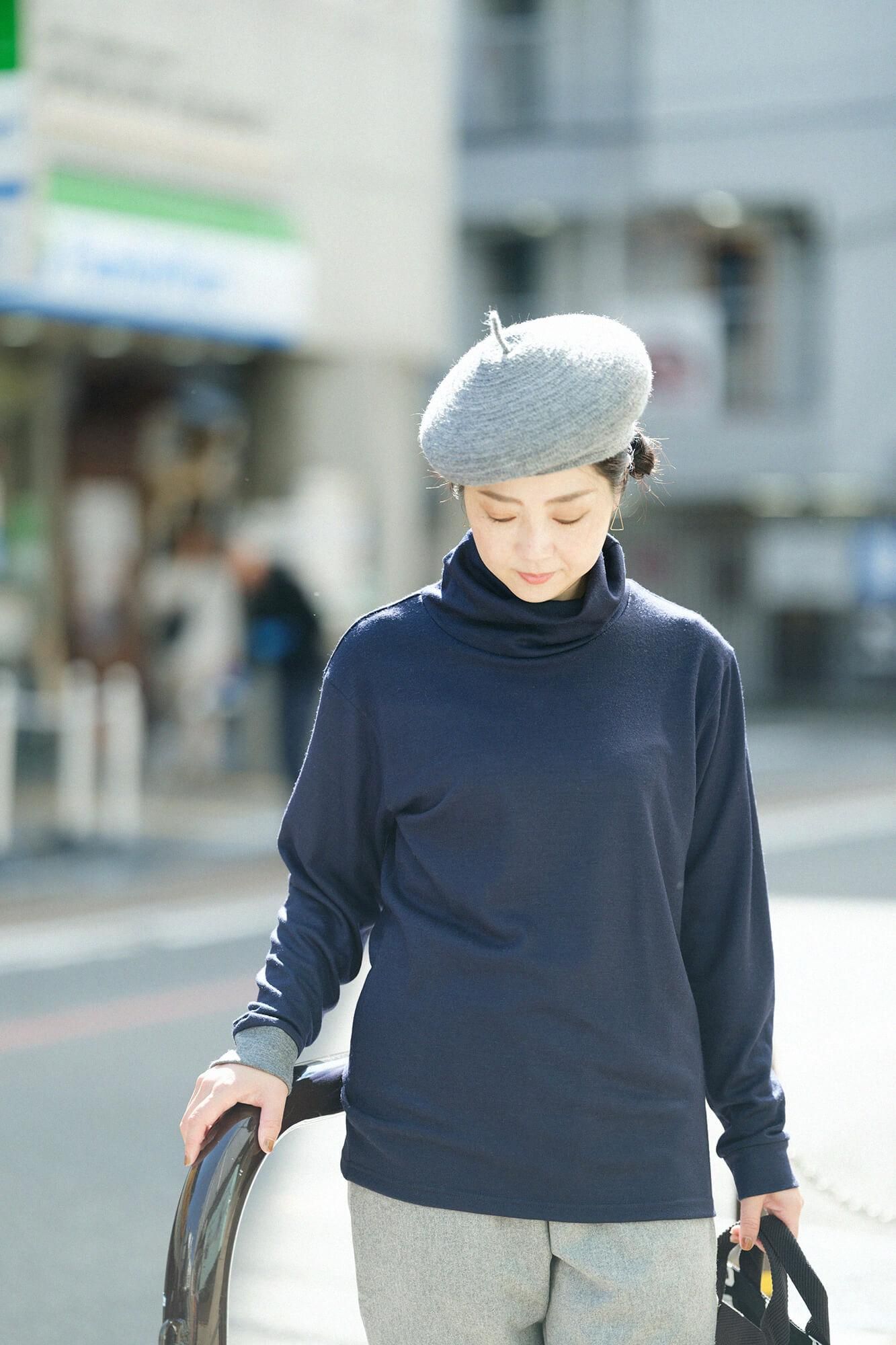 【Pre-order】Washable Plain Stitch Wool Twist Turtle Neck Tunic L/S／Dark Navy（※Scheduled to be shipped around Dec 9）