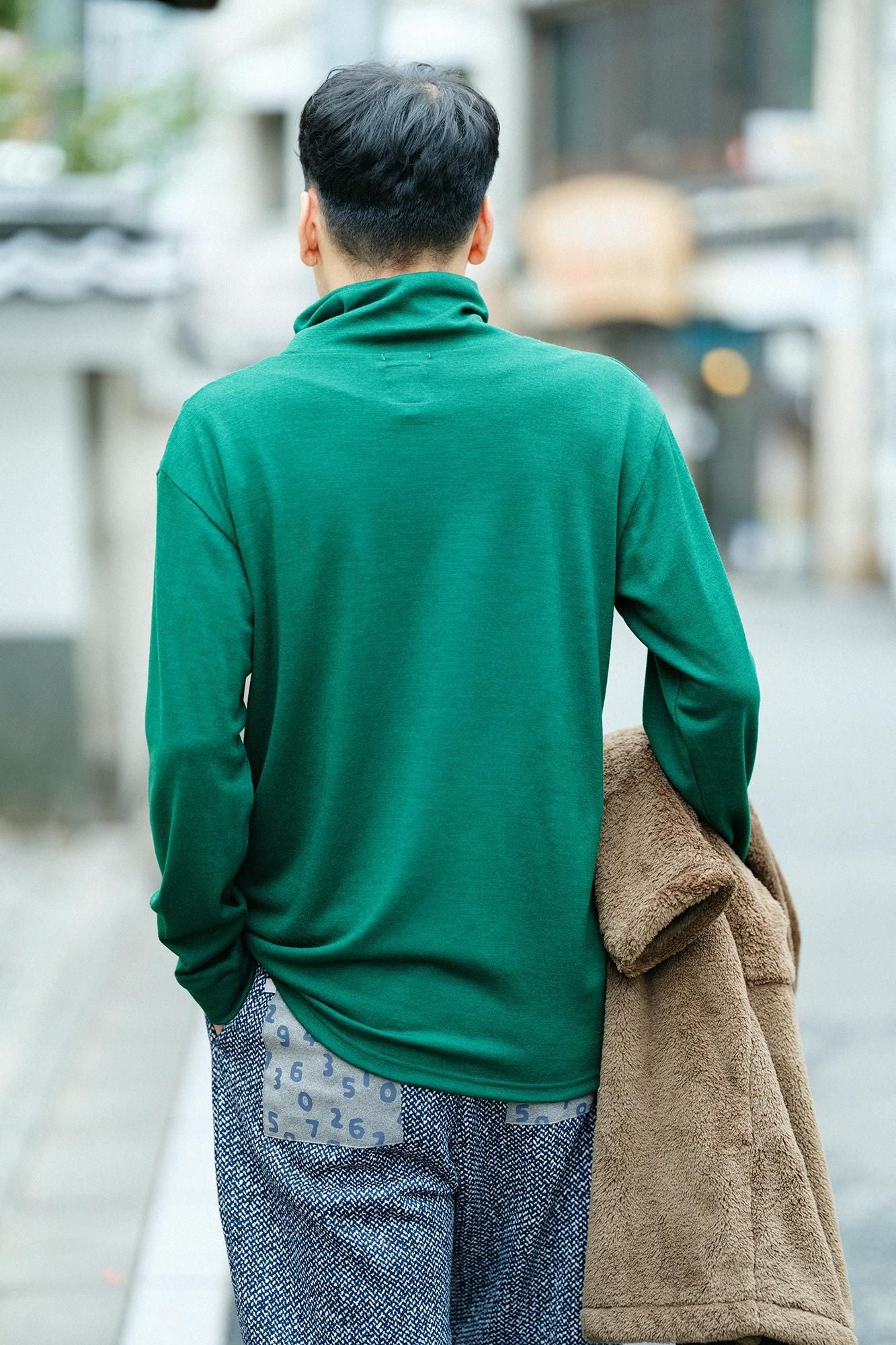 【預購】平針織 可洗羊毛 造型高領L/S長版上衣／千歲綠色（※預計於12月9日左右發貨）