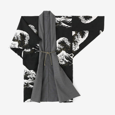 Reversible Combed Yarn × Muslin Wool Triangular Sleeve Coat / Dark Grey × Hokusai The Great Wave off Kanagawa-Recreation