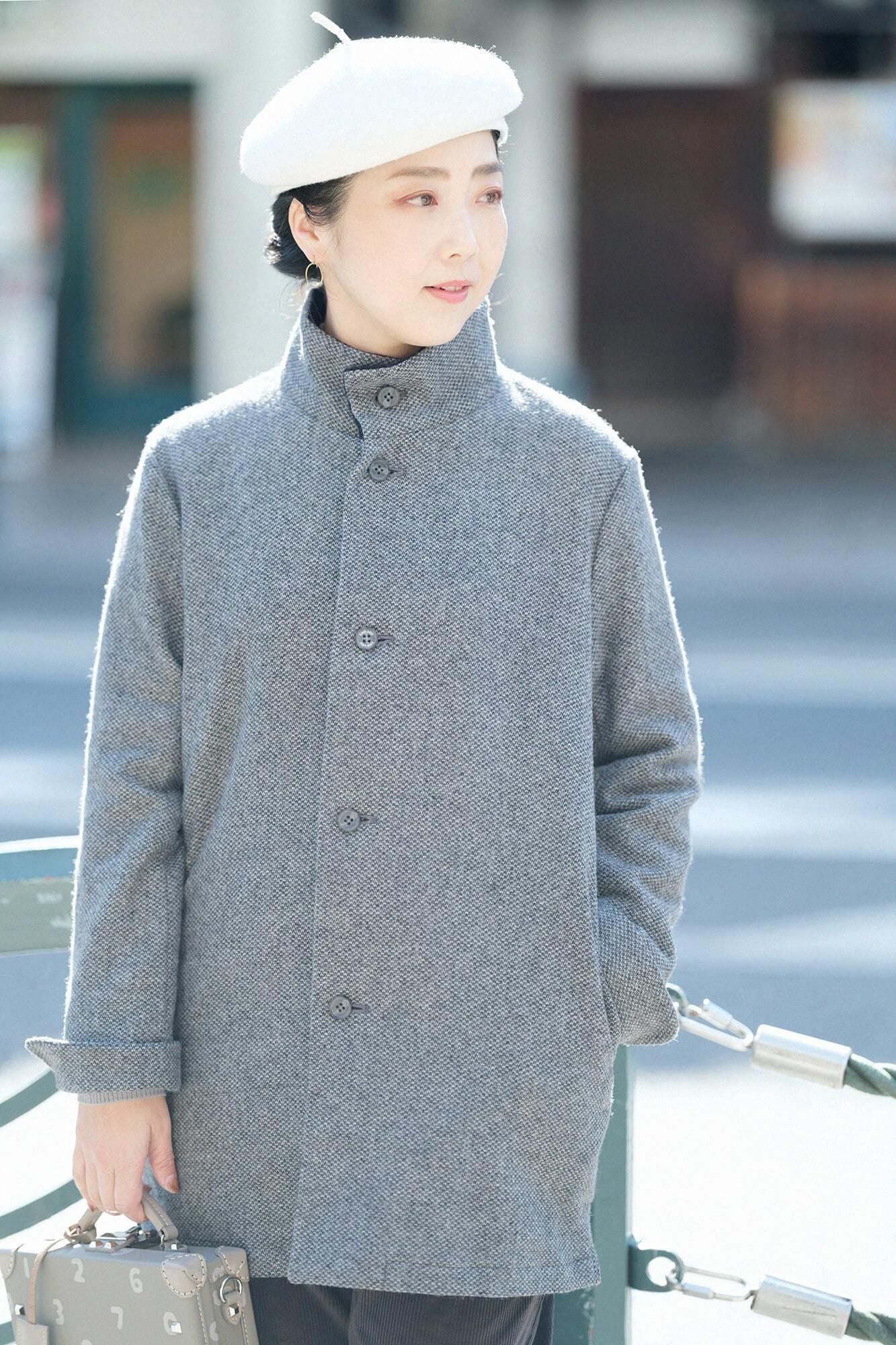 net限定】尾州ツイード 綾織 スタンドカラー ショートコート／鈍色（に