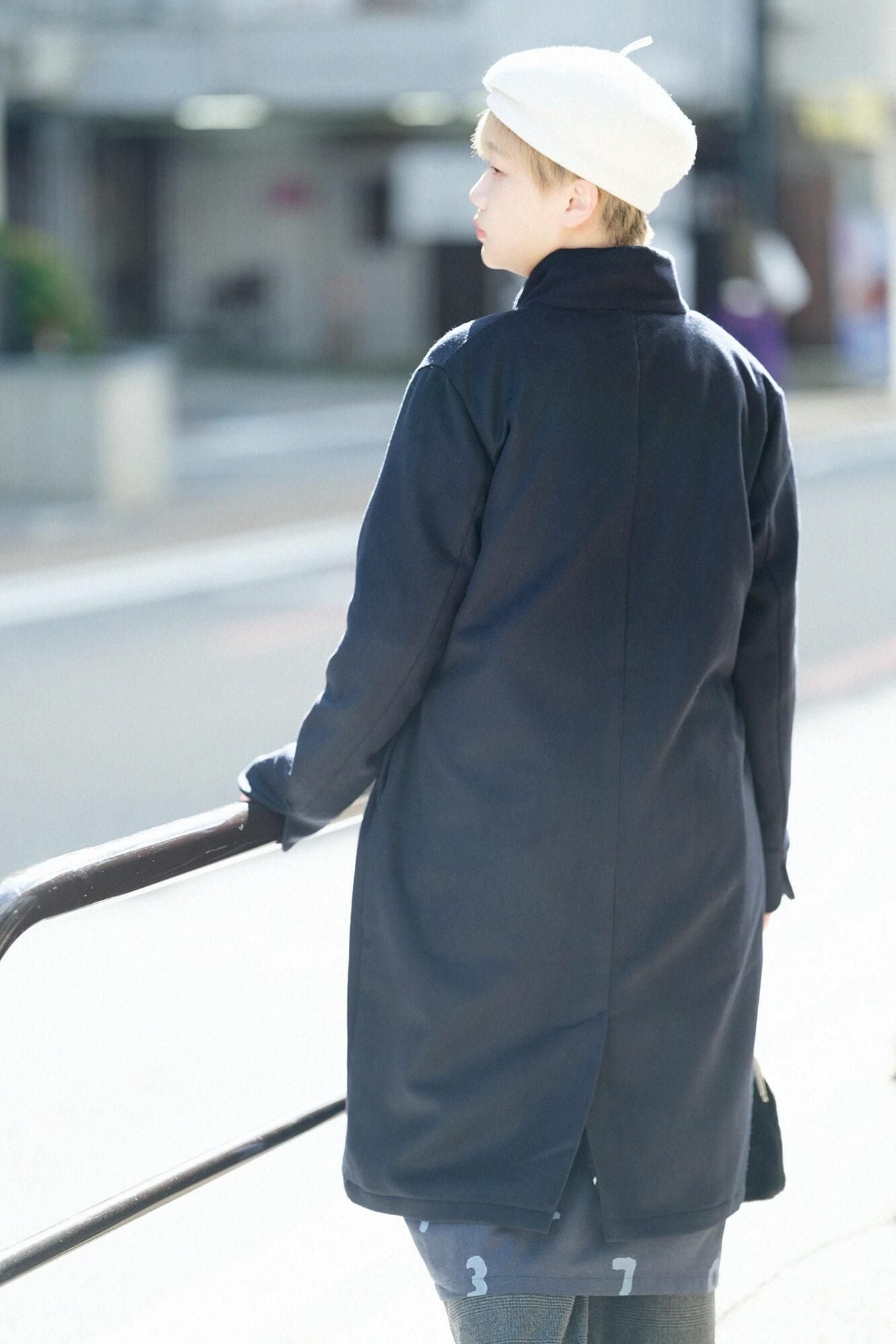 カシミヤ混 梳毛（そもう） スタンドカラー ロングコート／深紺（しんこん）×茶利（ちゃり）