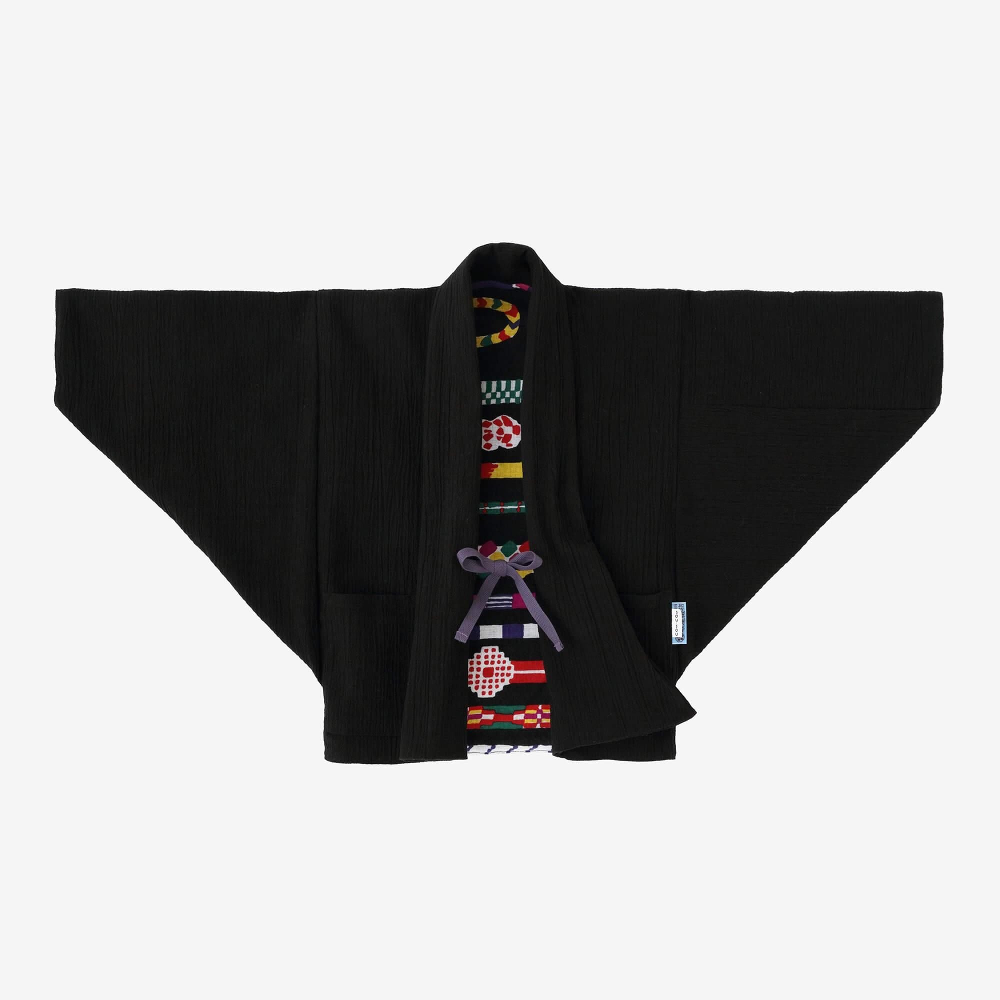 ● Chizimi Cotton 20/10 Triangular Sleeve Coat Short for Kids / Black x Braided Strings