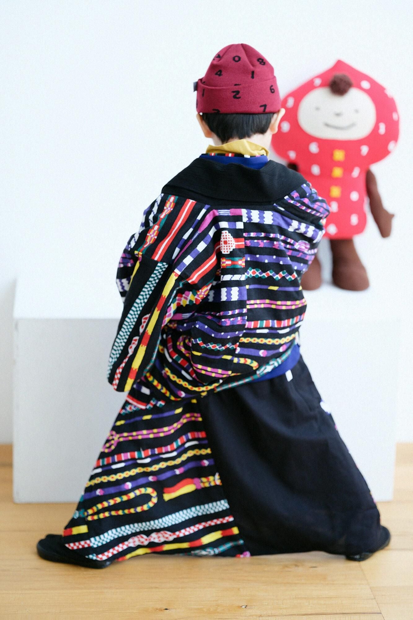 ● Chizimi Cotton 20/10 Triangular Sleeve Coat Short for Kids / Black x Braided Strings