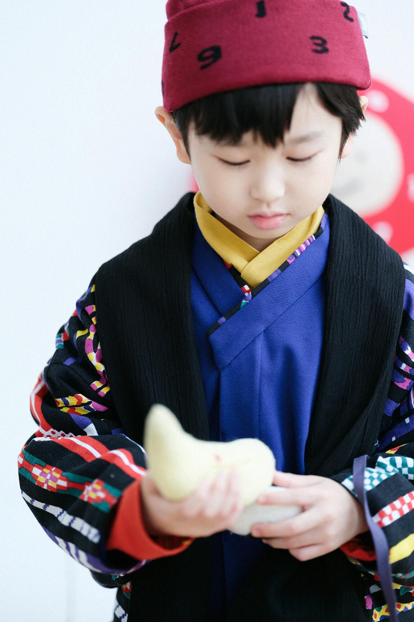 ● Chizimi Cotton 20/10 Triangular Sleeve Coat Short for Kids / Black x Braided Strings