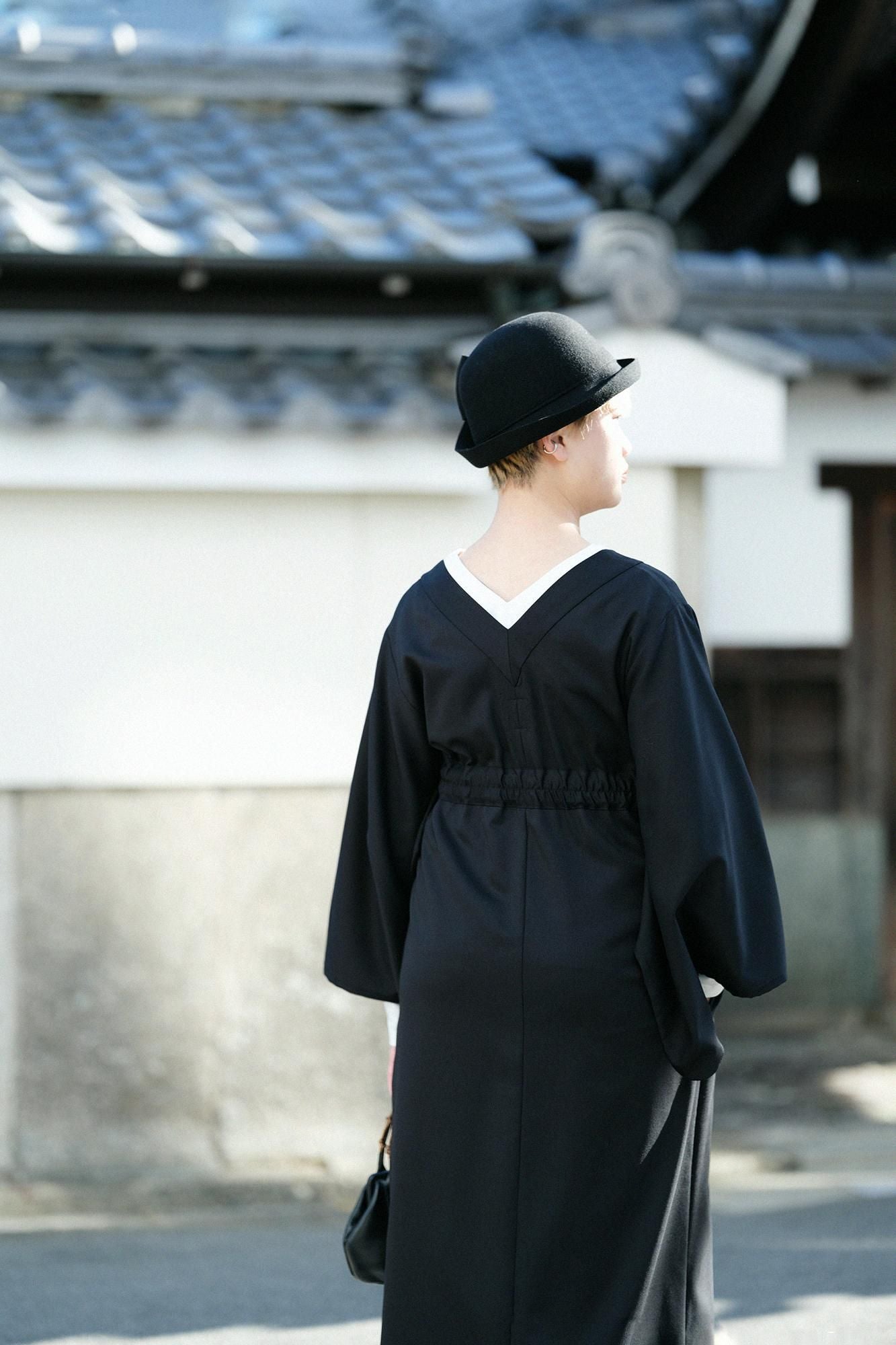 42雙線梳毛和服形洋裝長版/黑色