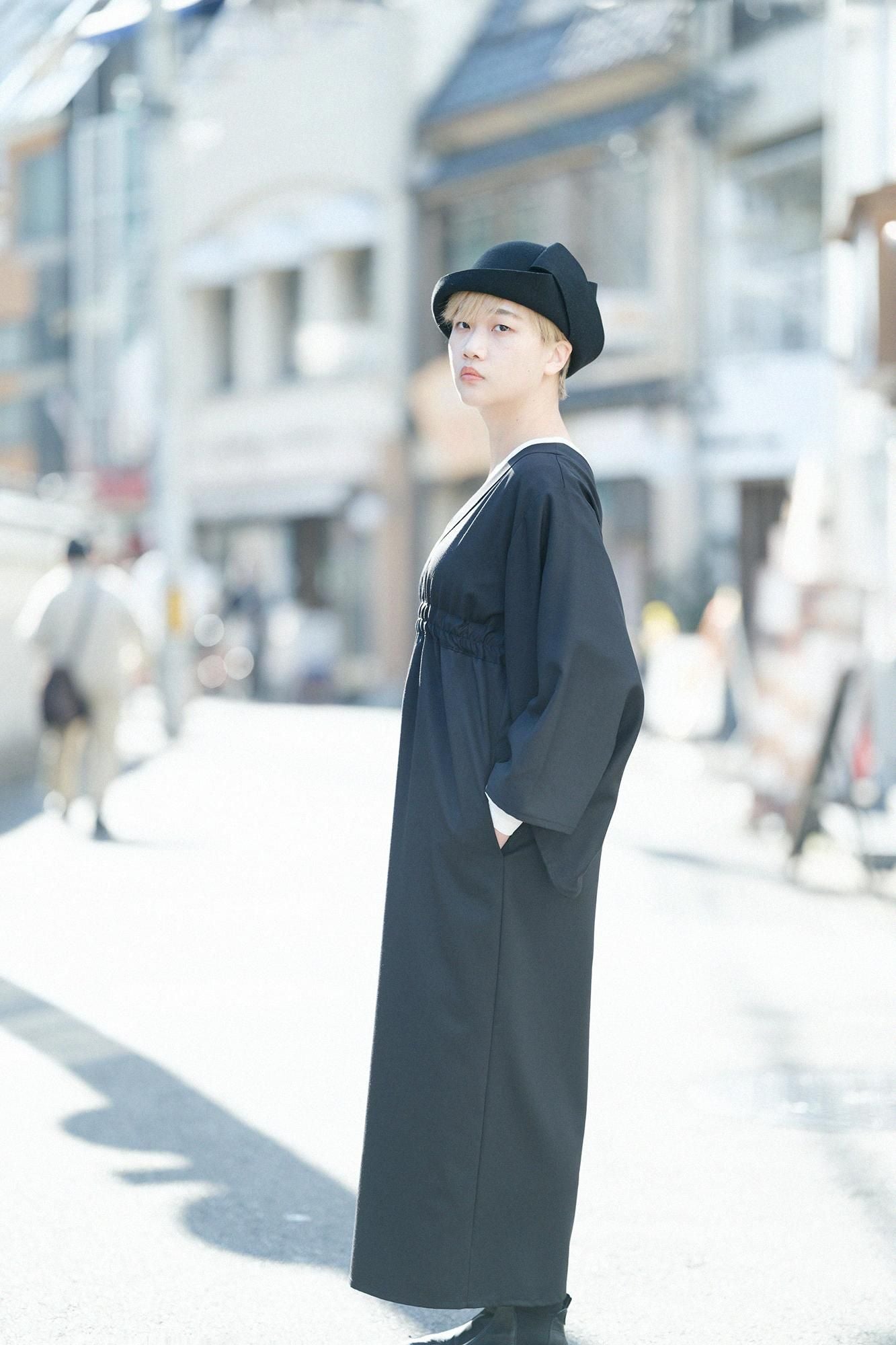 42雙線梳毛和服形洋裝長版/黑色