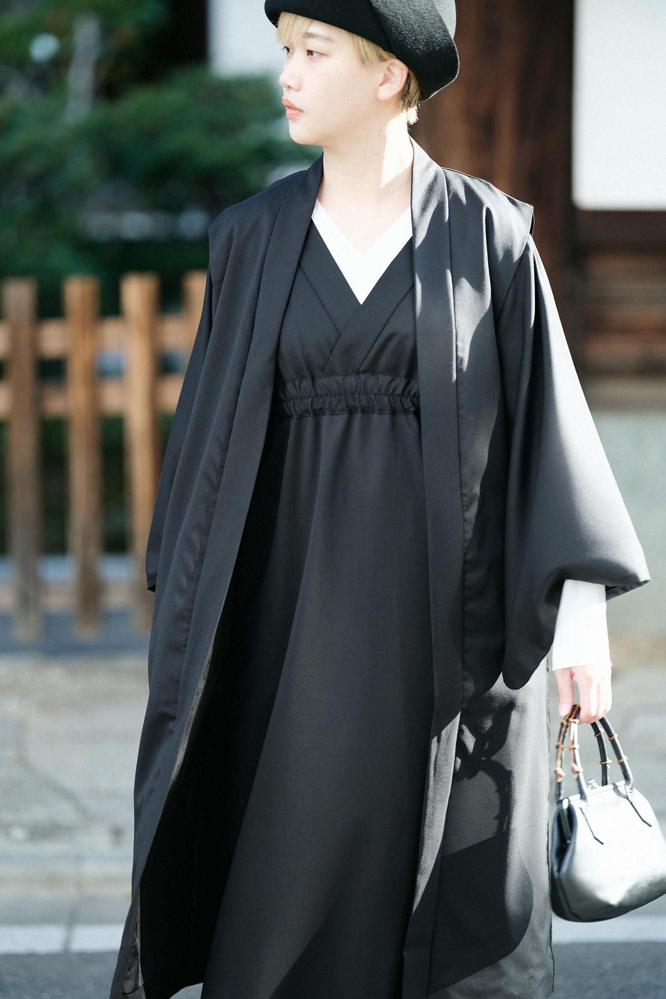 42雙線梳毛和服形洋裝長版/黑色