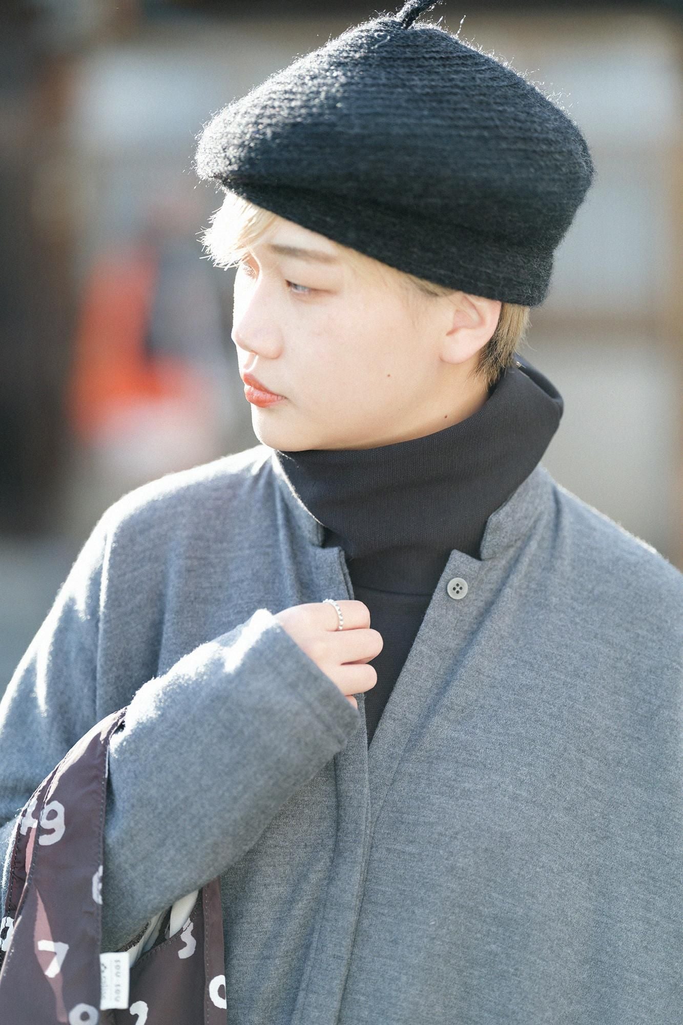 スーパー100'sウール 両面編（りょうめんあみ） スタンドカラー ライトコート マキシ丈／濃灰（こいはい）