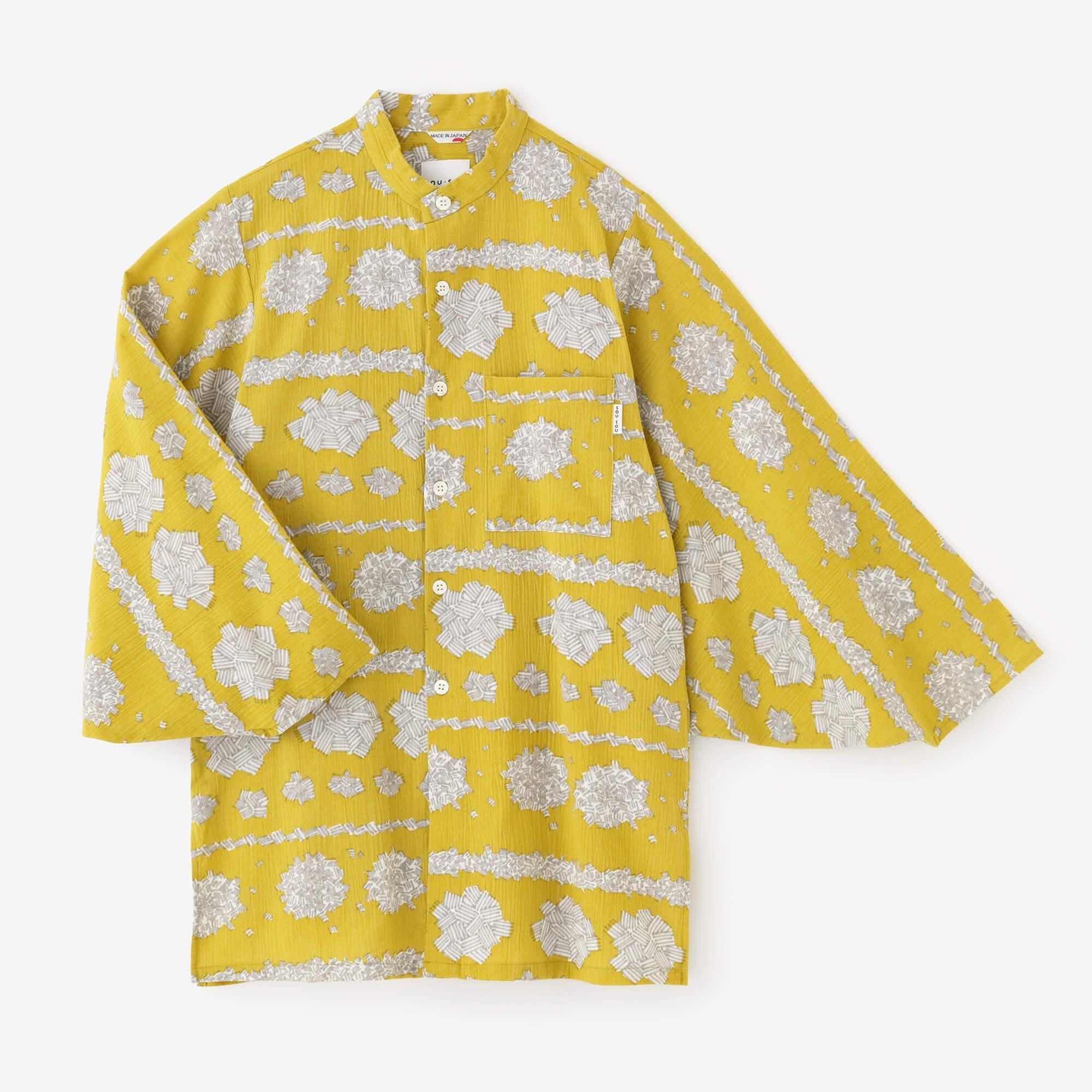 高島縮棉 20/20圓弧袖長版襯衫/白三葉花