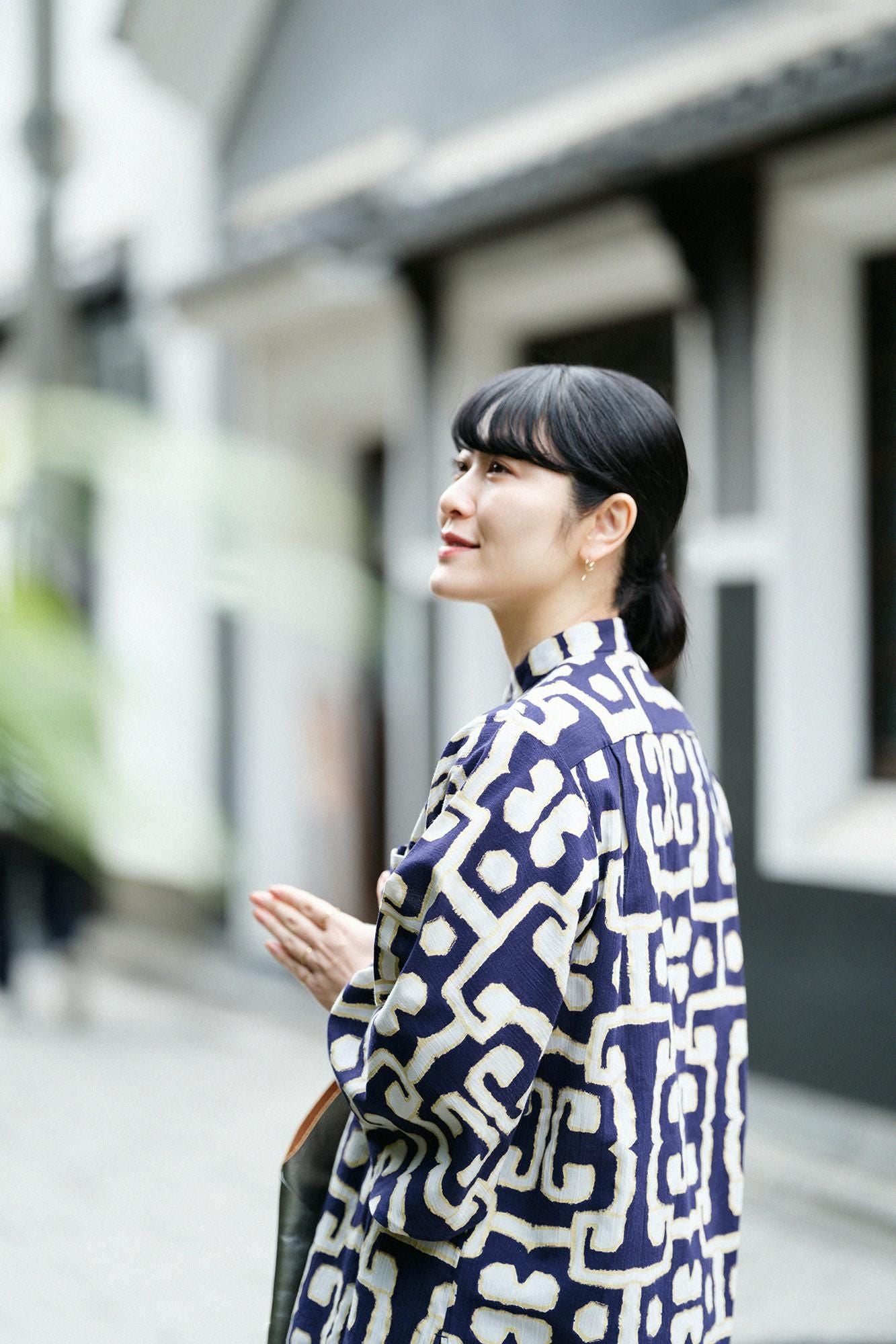 美品 現行 ソウソウ 高島縮 薙刀長草衣 チュニック 間あい シャツ 総柄 高島縮 20/20 薙刀長草衣