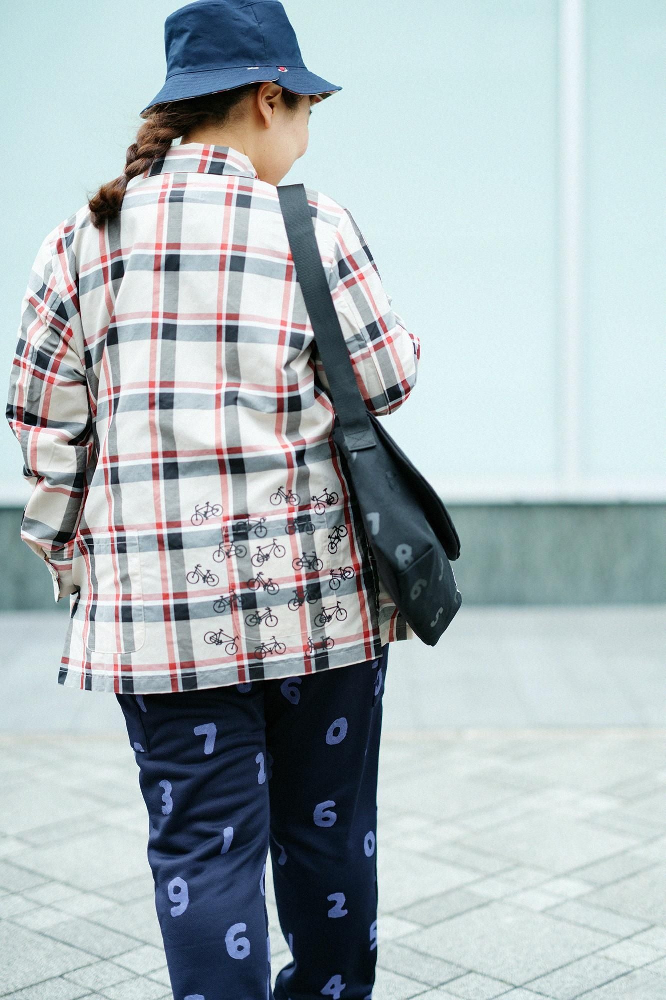 苧麻尼龍有領ZIP UP外套／象牙白格紋