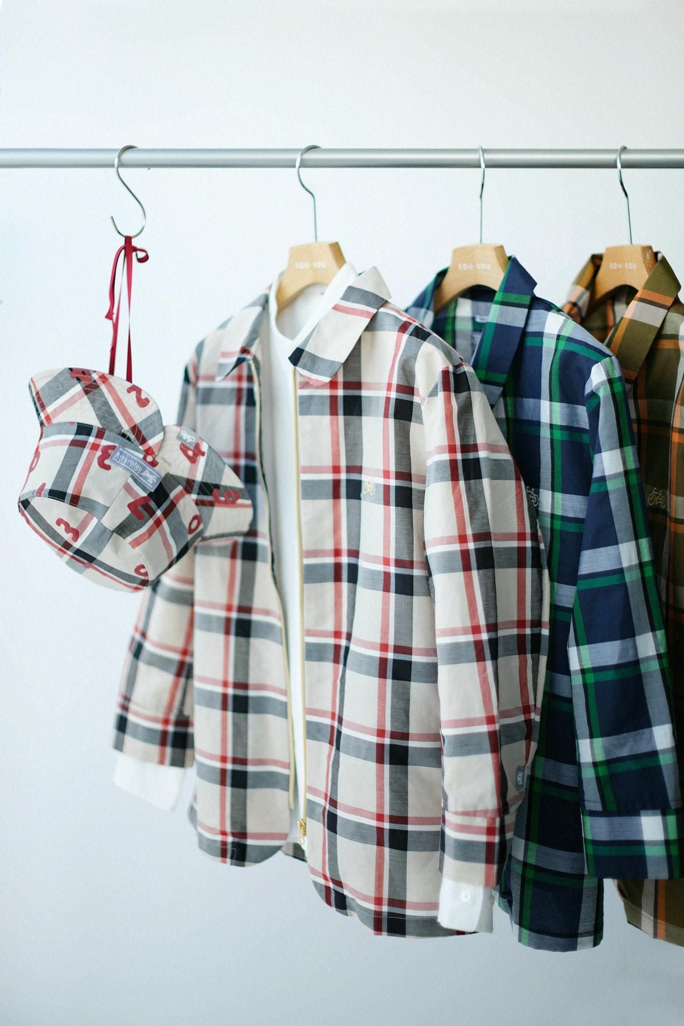 苧麻尼龍有領ZIP UP外套／象牙白格紋