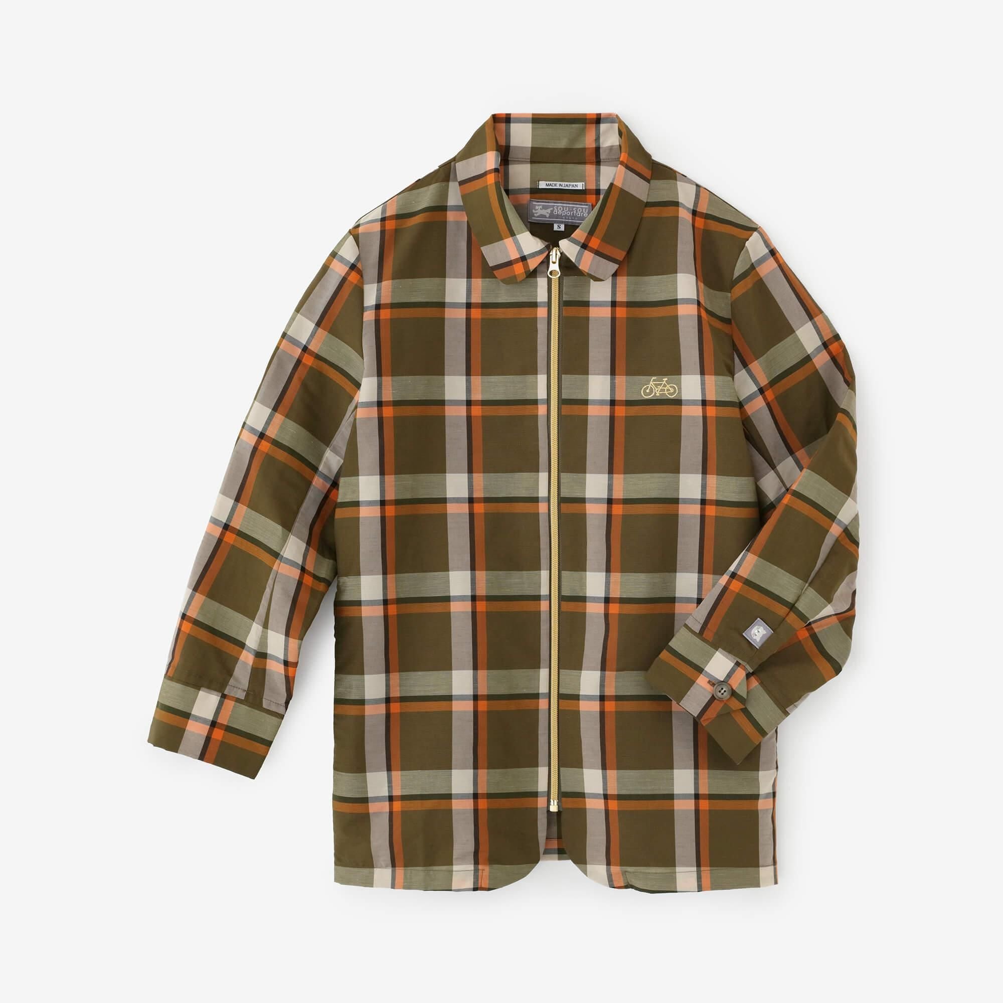 ZIP UP jacket with ramie Nylon collar/ Olive Green Check