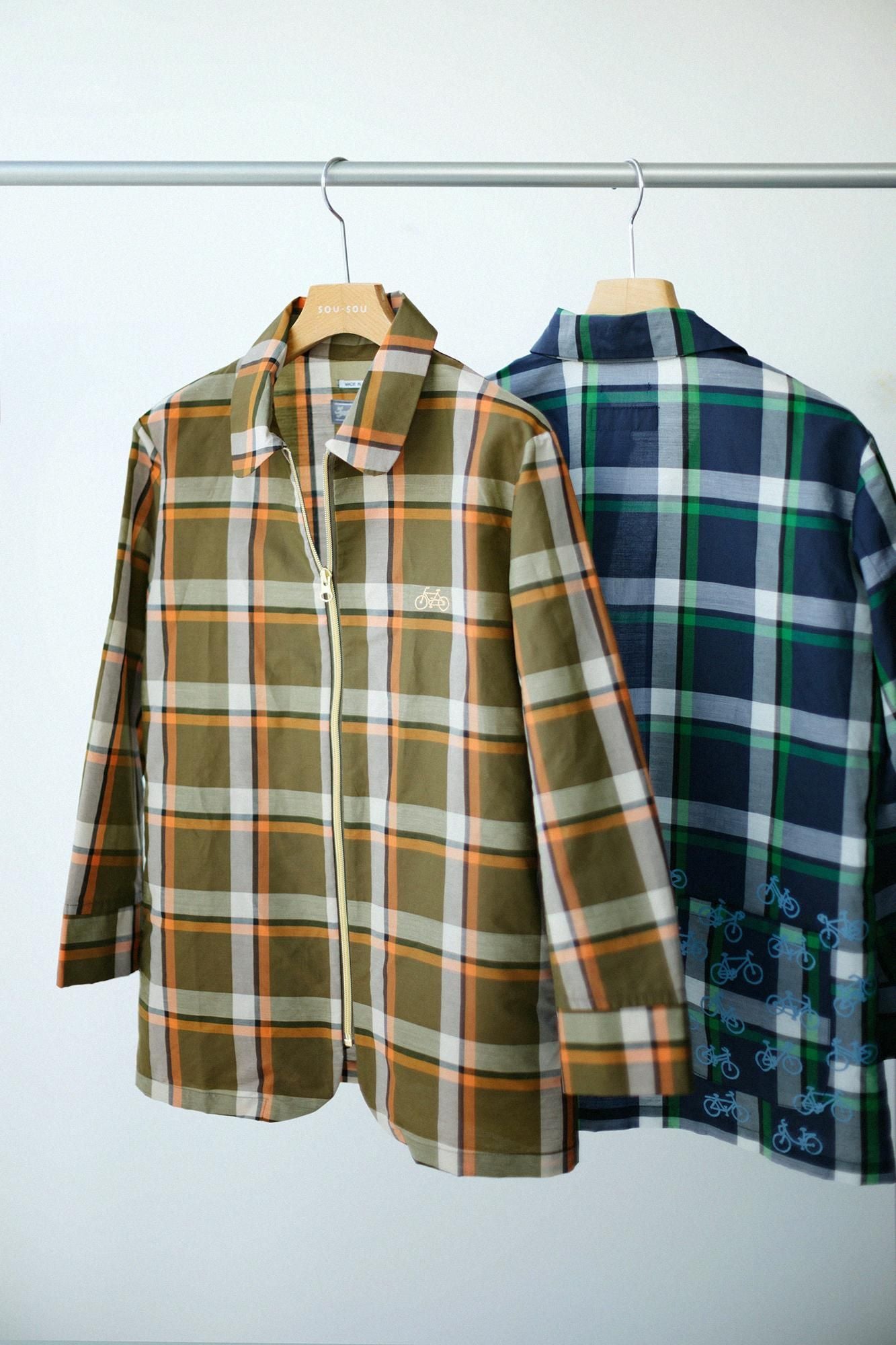 ZIP UP苧麻尼龍衣領/橄欖綠格紋