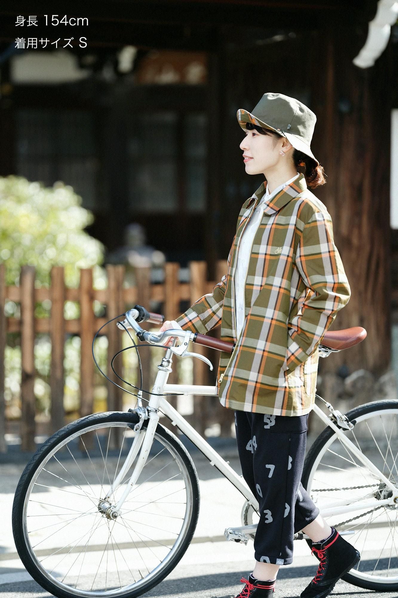 ZIP UP苧麻尼龍衣領/橄欖綠格紋