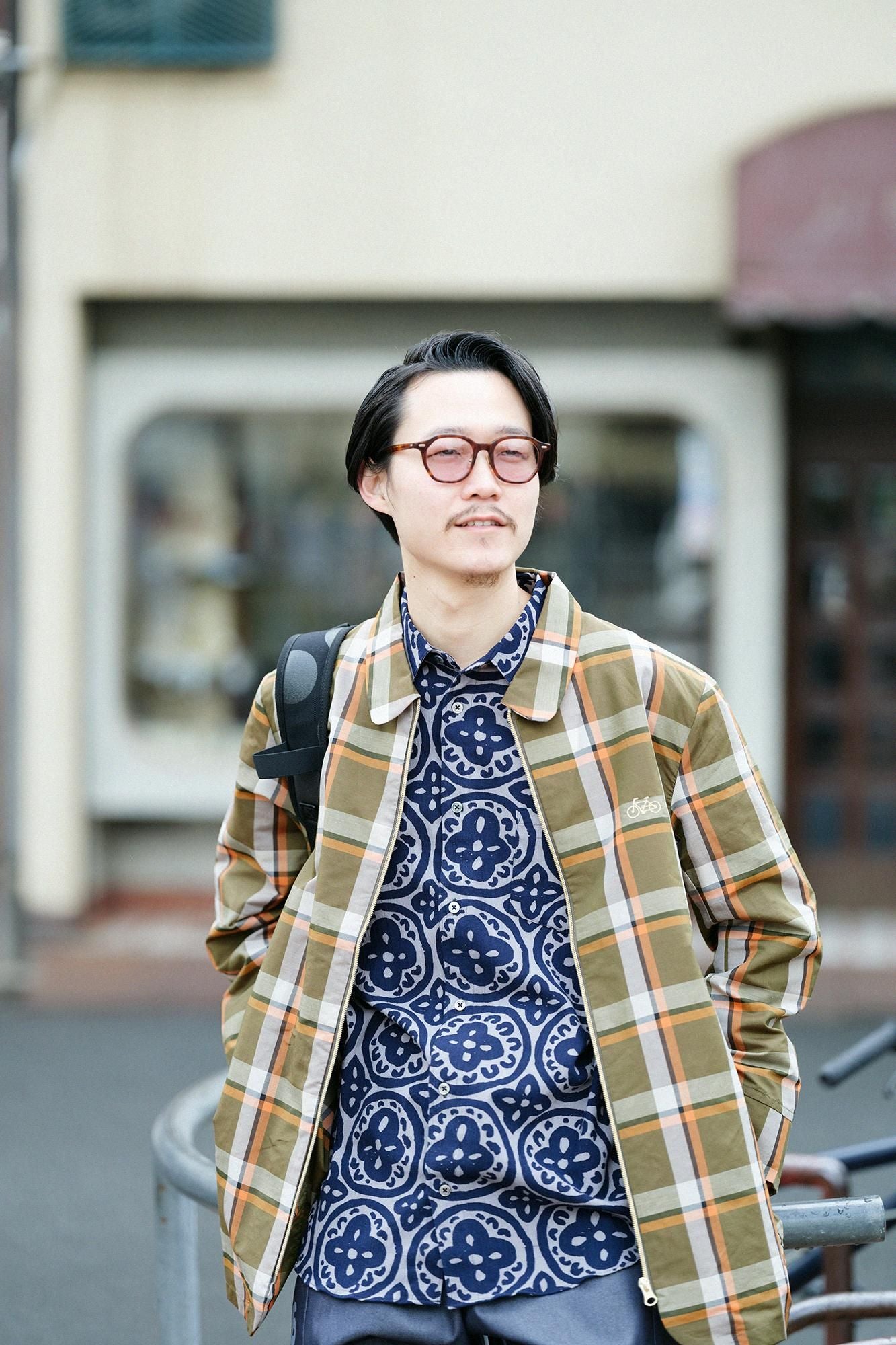 ZIP UP苧麻尼龍衣領/橄欖綠格紋