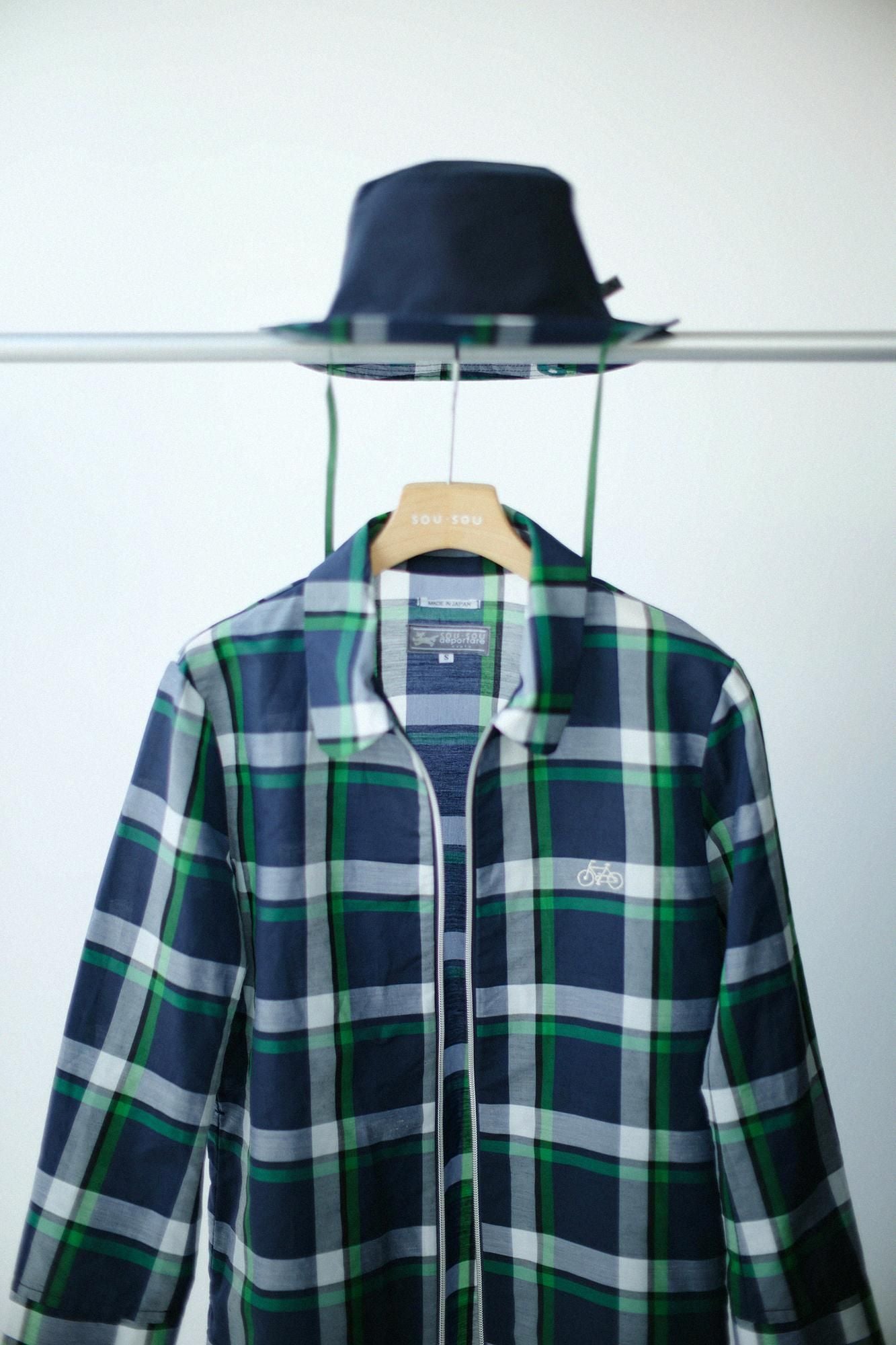 ZIP UP苧麻尼龍衣領/海軍藍格紋