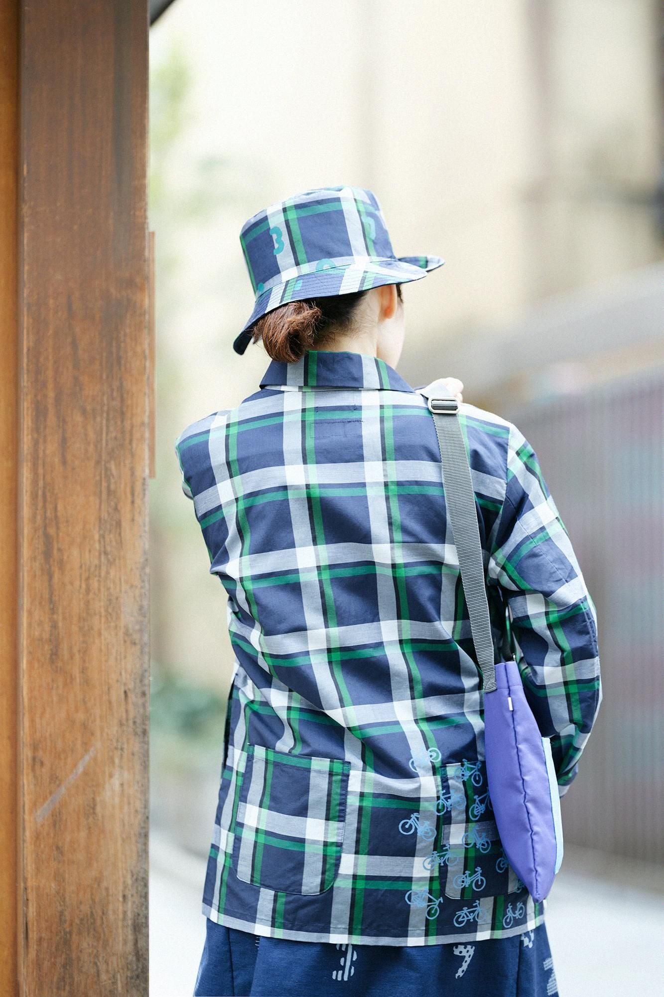 ZIP UP苧麻尼龍衣領/海軍藍格紋