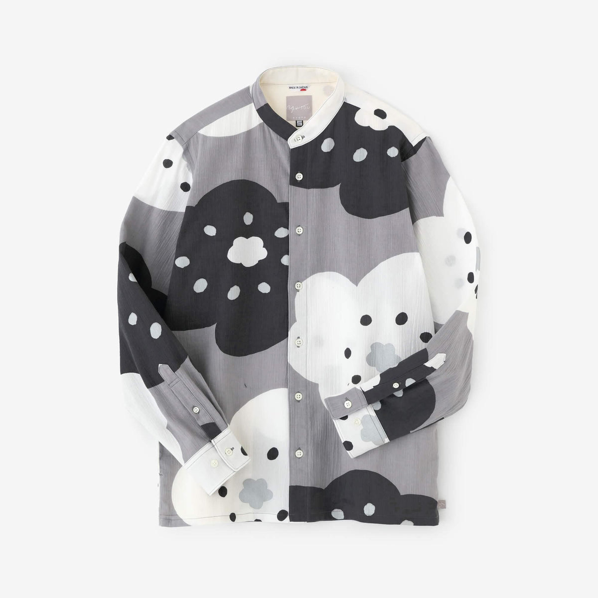 美品！SOU SOU 長袖シャツ　高島縮　スタンドカラー　フクロウ柄　S 白 美品！SOU SOU 長袖シャツ 高島縮 スタンドカラー フクロウ柄 S