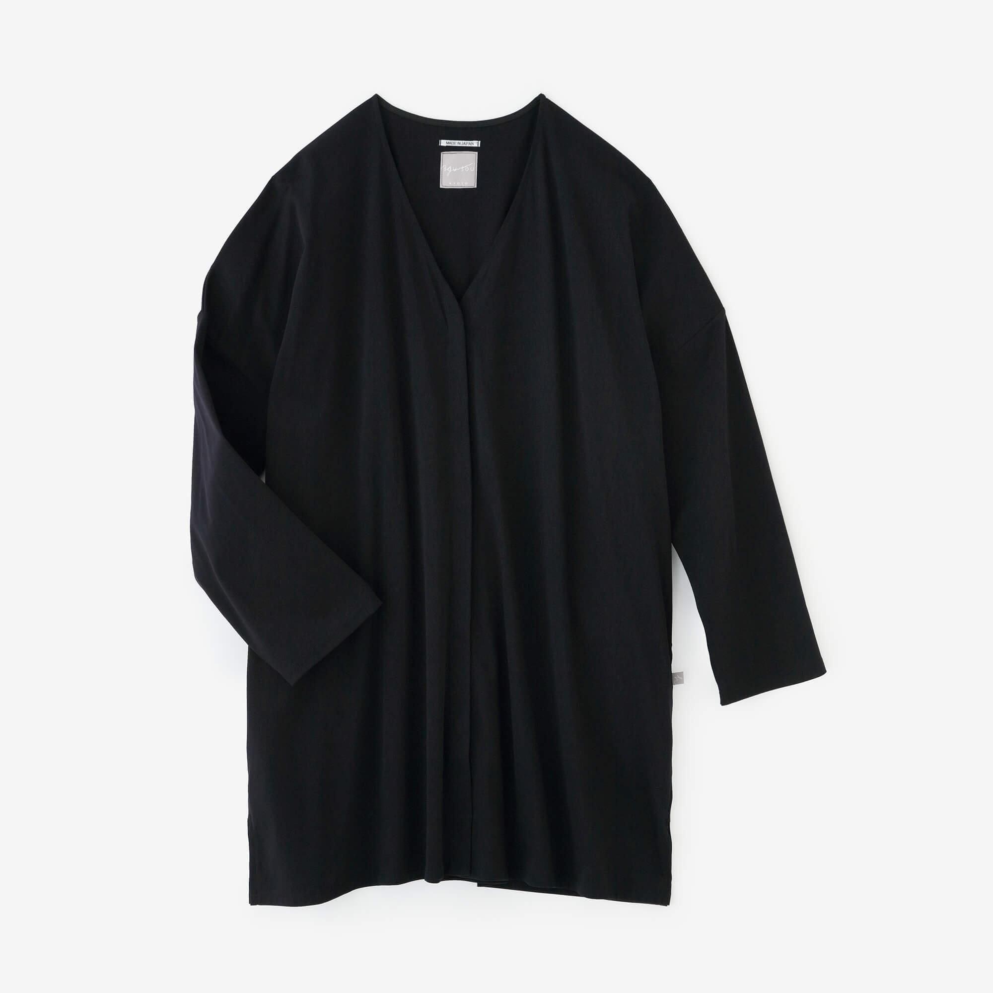 棉三醋酸纖維V領淺色長版上衣外套/黑藍色