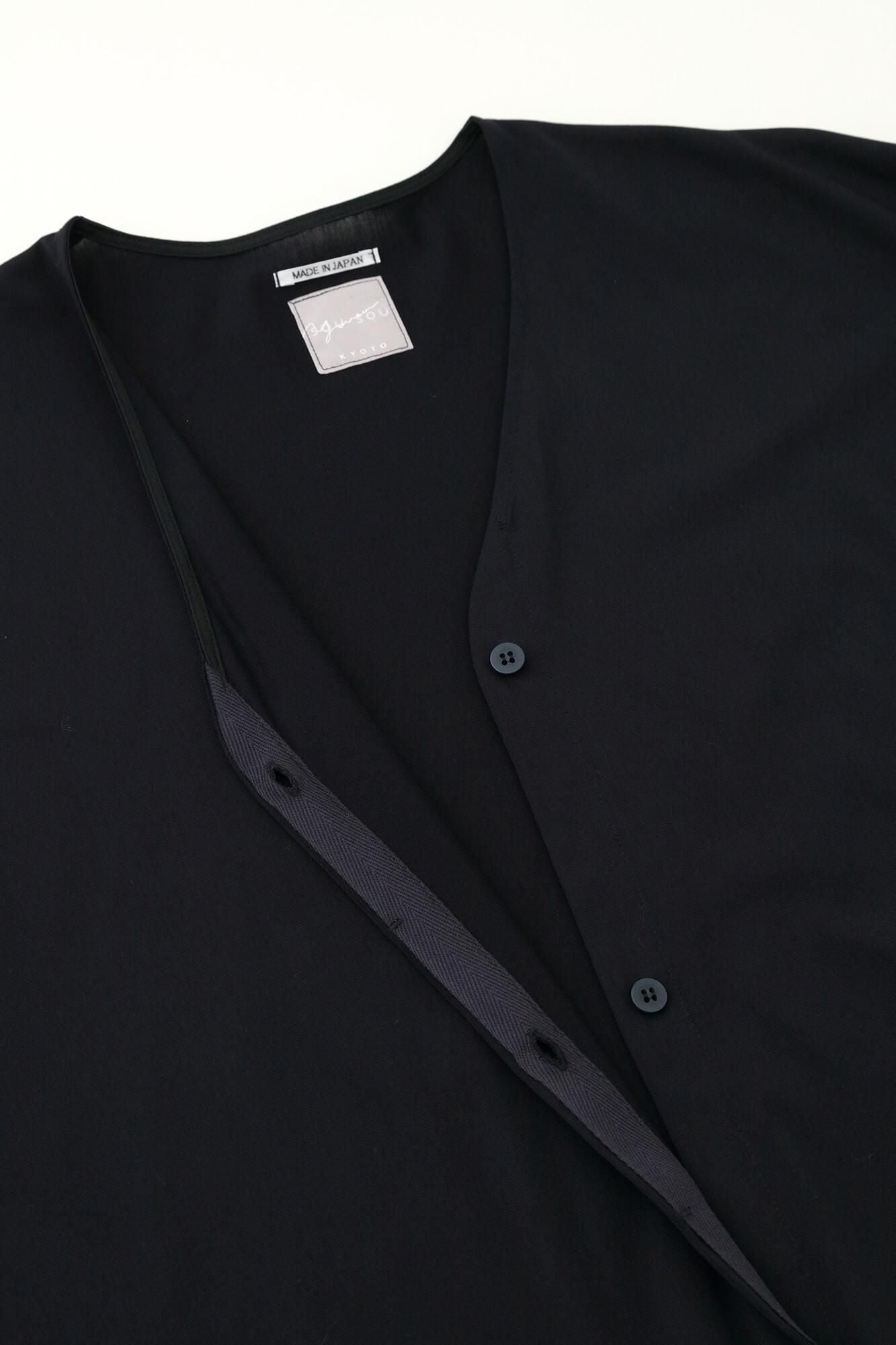 棉三醋酸纖維V領淺色長版上衣外套/黑藍色