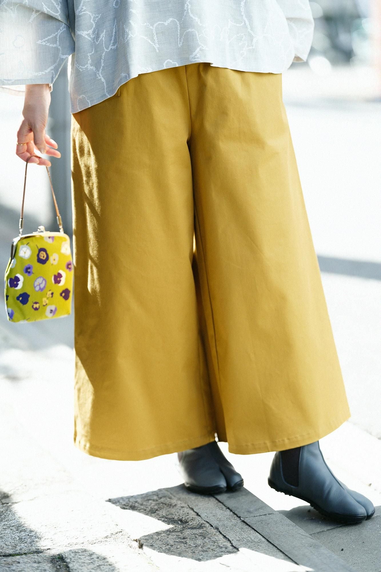 伸 斜紋織 闊腿褲／黄枯茶色