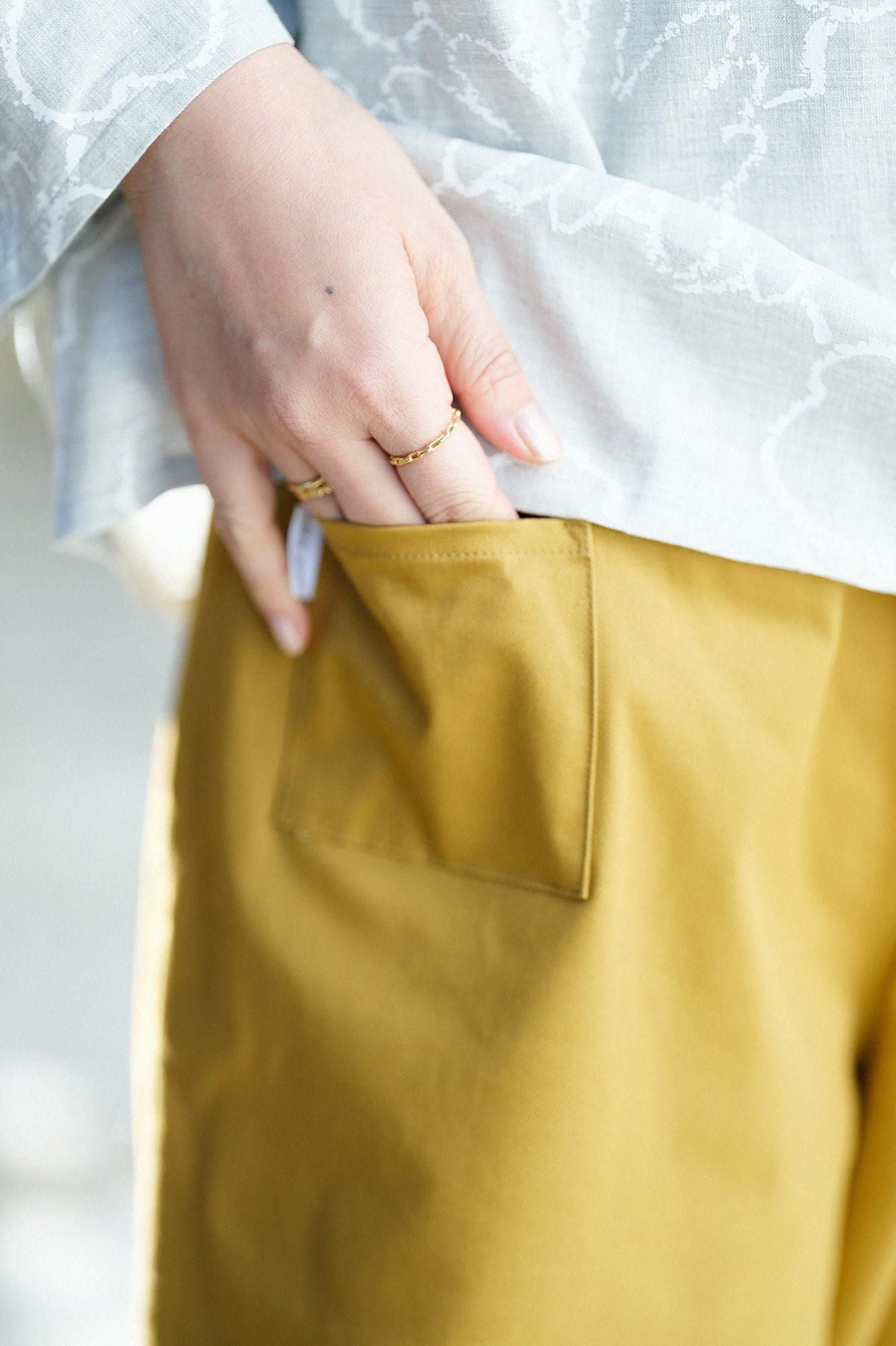 伸 斜紋織 闊腿褲／黄枯茶色