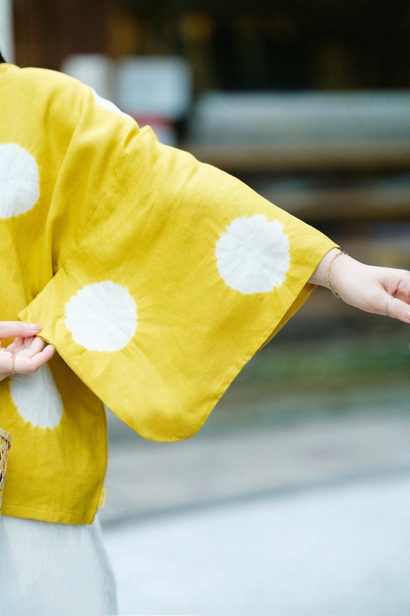 net限定】近清絞り 麻 はつき／水玉大（みずたまだい） 芥子色（