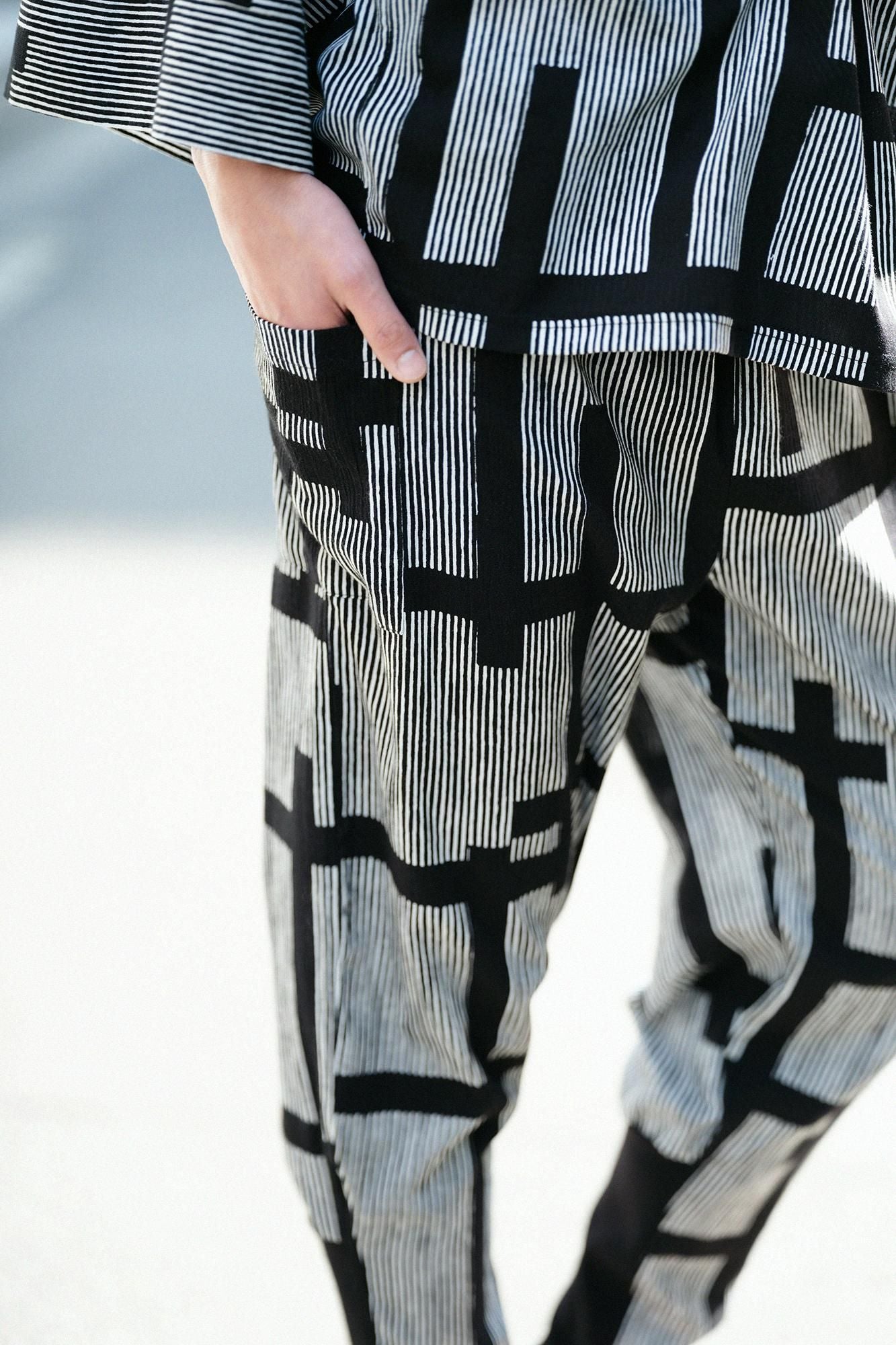 Chizimi Cotton 20/20 Harem Pants / Staggered Stripes Fence