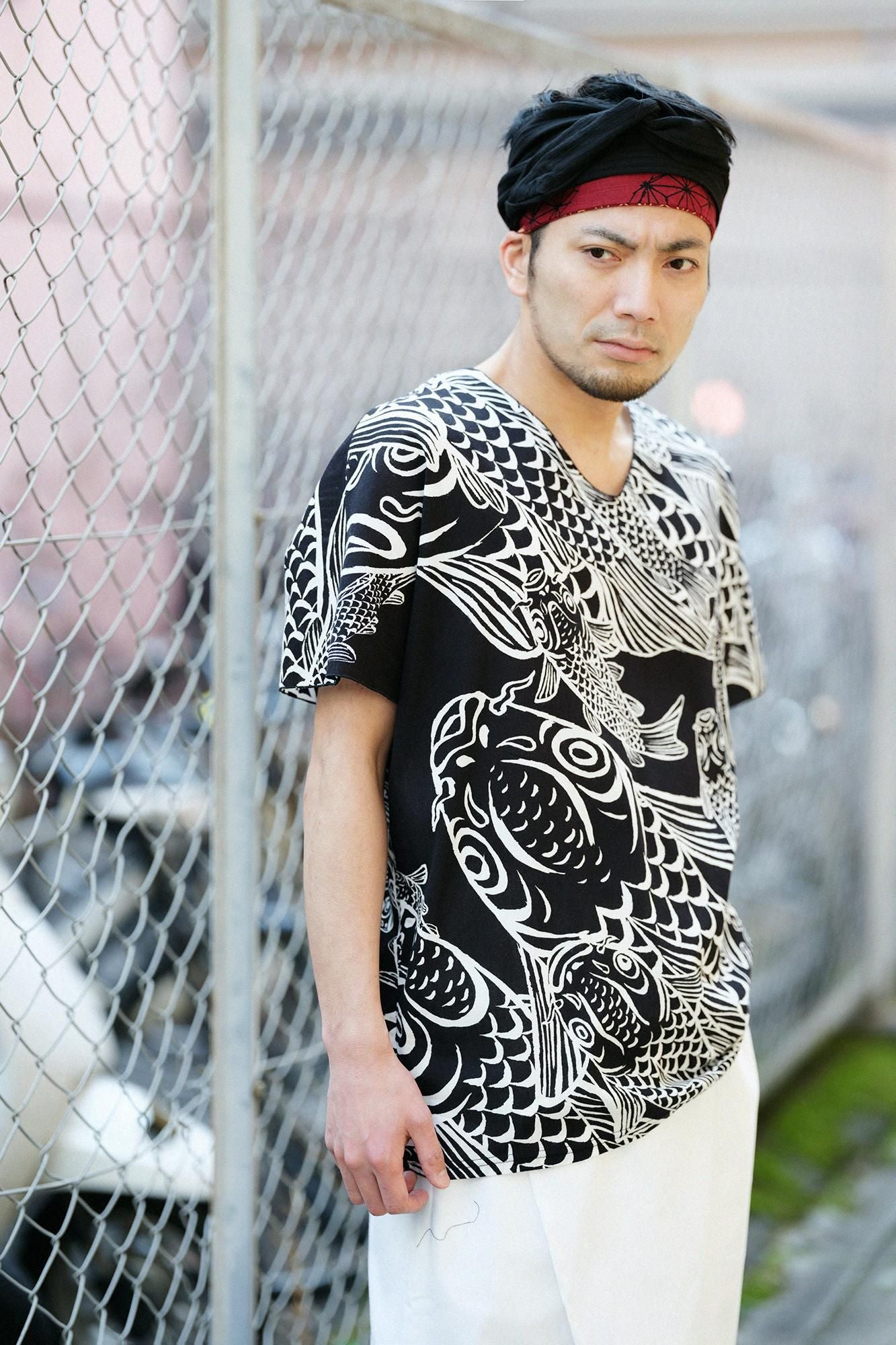 Chizimi Cotton 40/40 Cap Sleeve Top / Carp is dragon in heaven and Bla