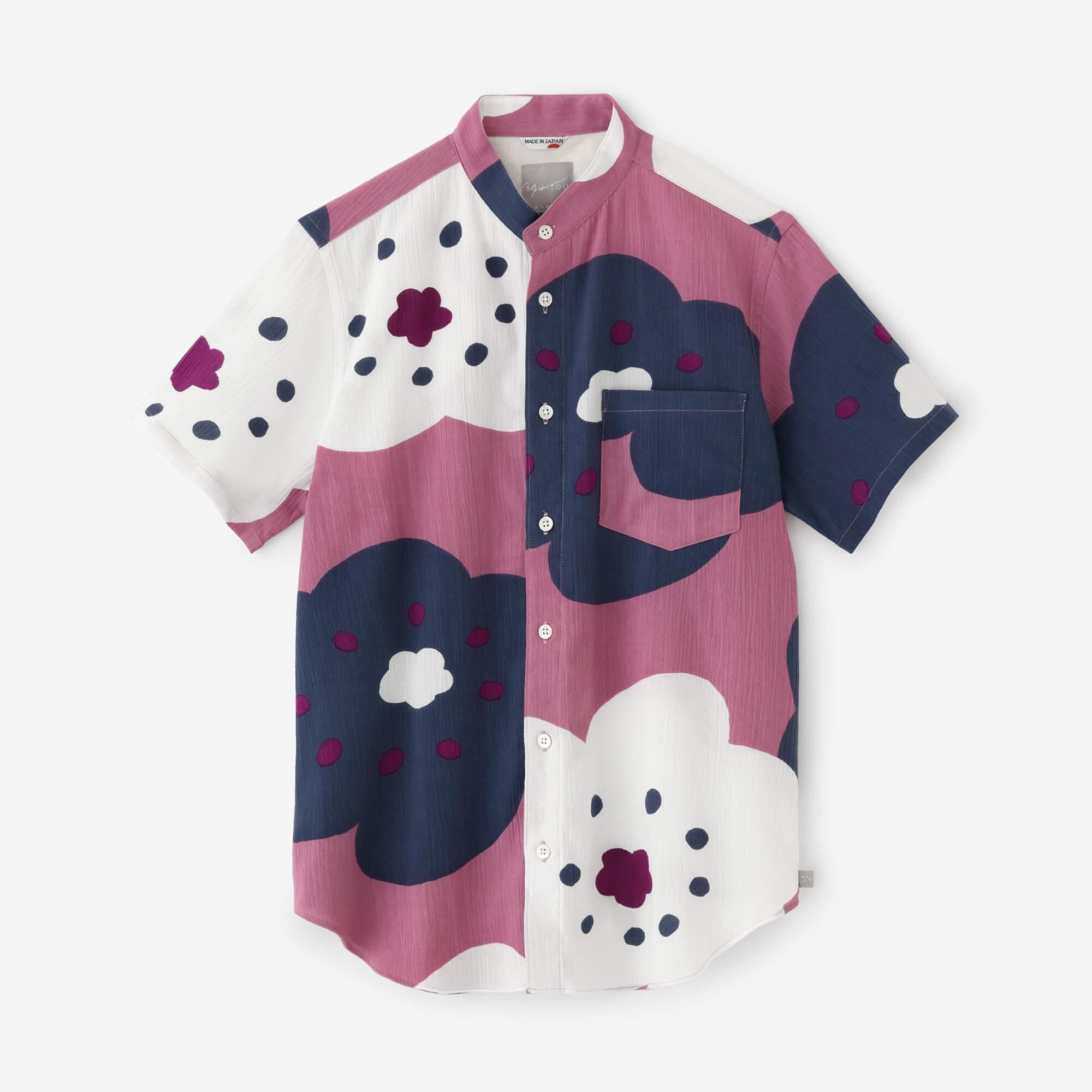 美品 京都SOU SOU YOUSOUノーカラー 半袖シャツ　高島縮 net限定】高島縮 20/20 スタンドカラー半袖シャツ／土偶（どぐう）