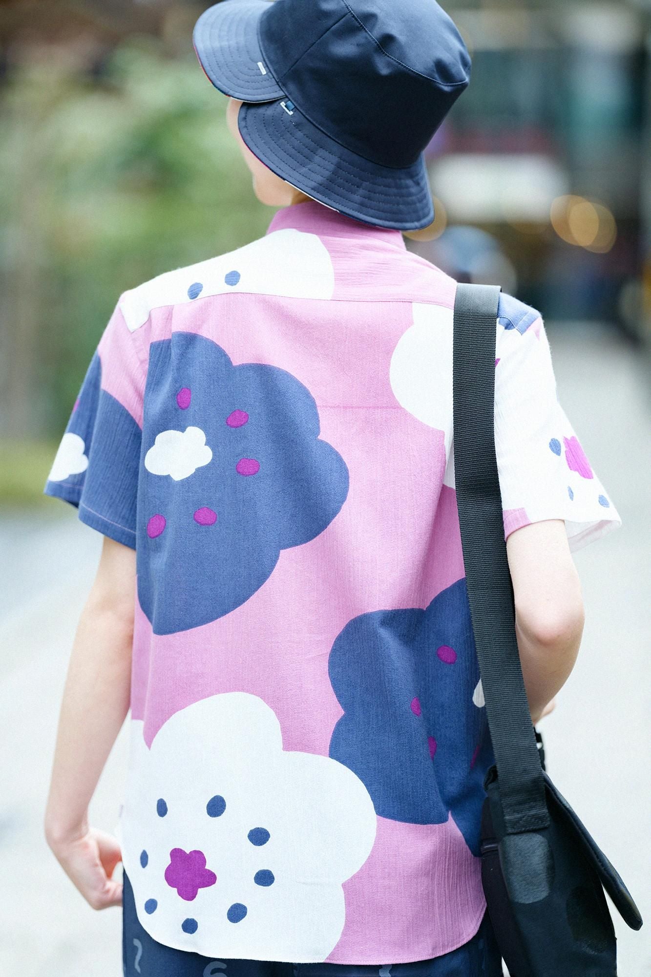 高島縮棉 20/20立領短袖襯衫/微笑粉紅色