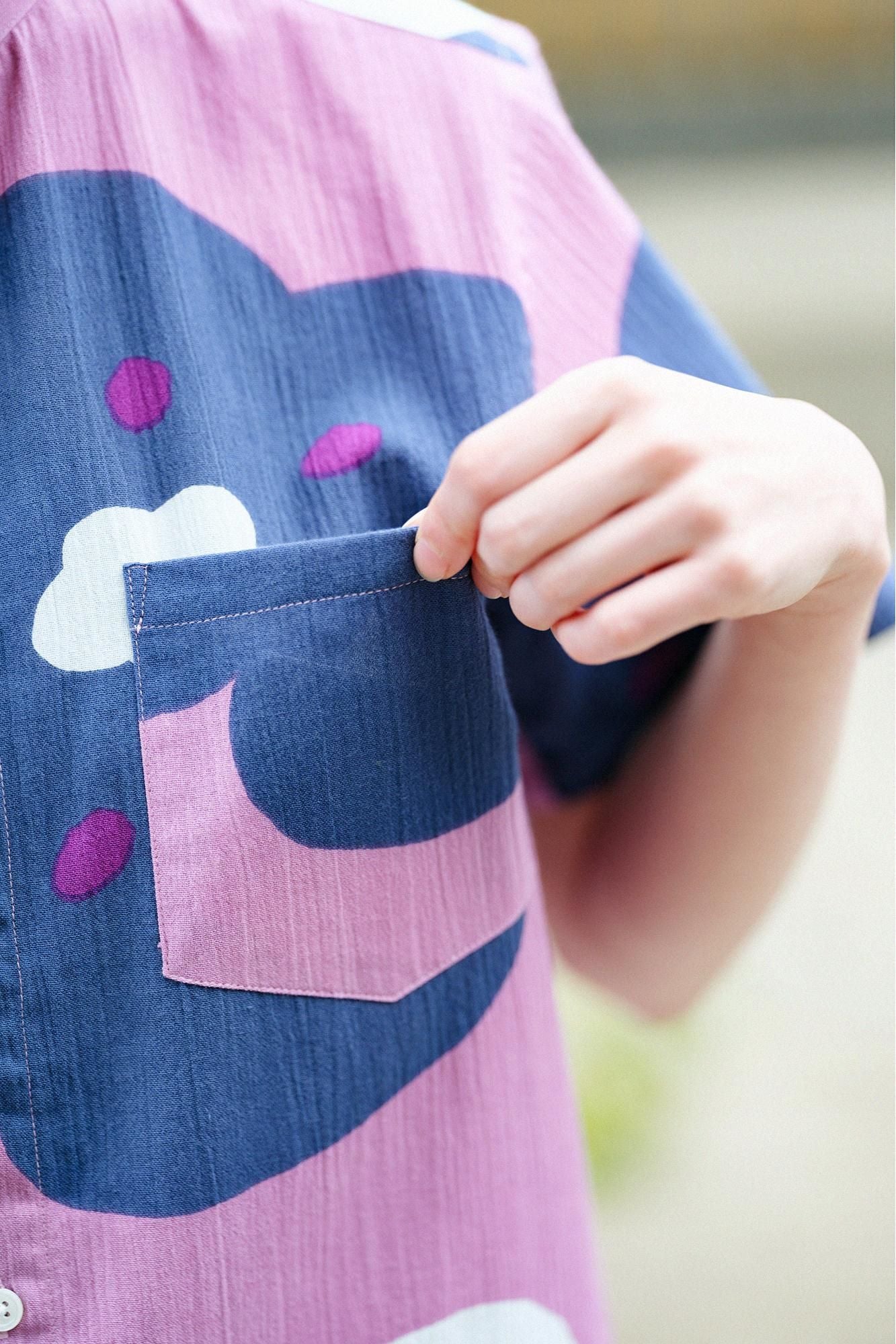 高島縮棉 20/20立領短袖襯衫/微笑粉紅色