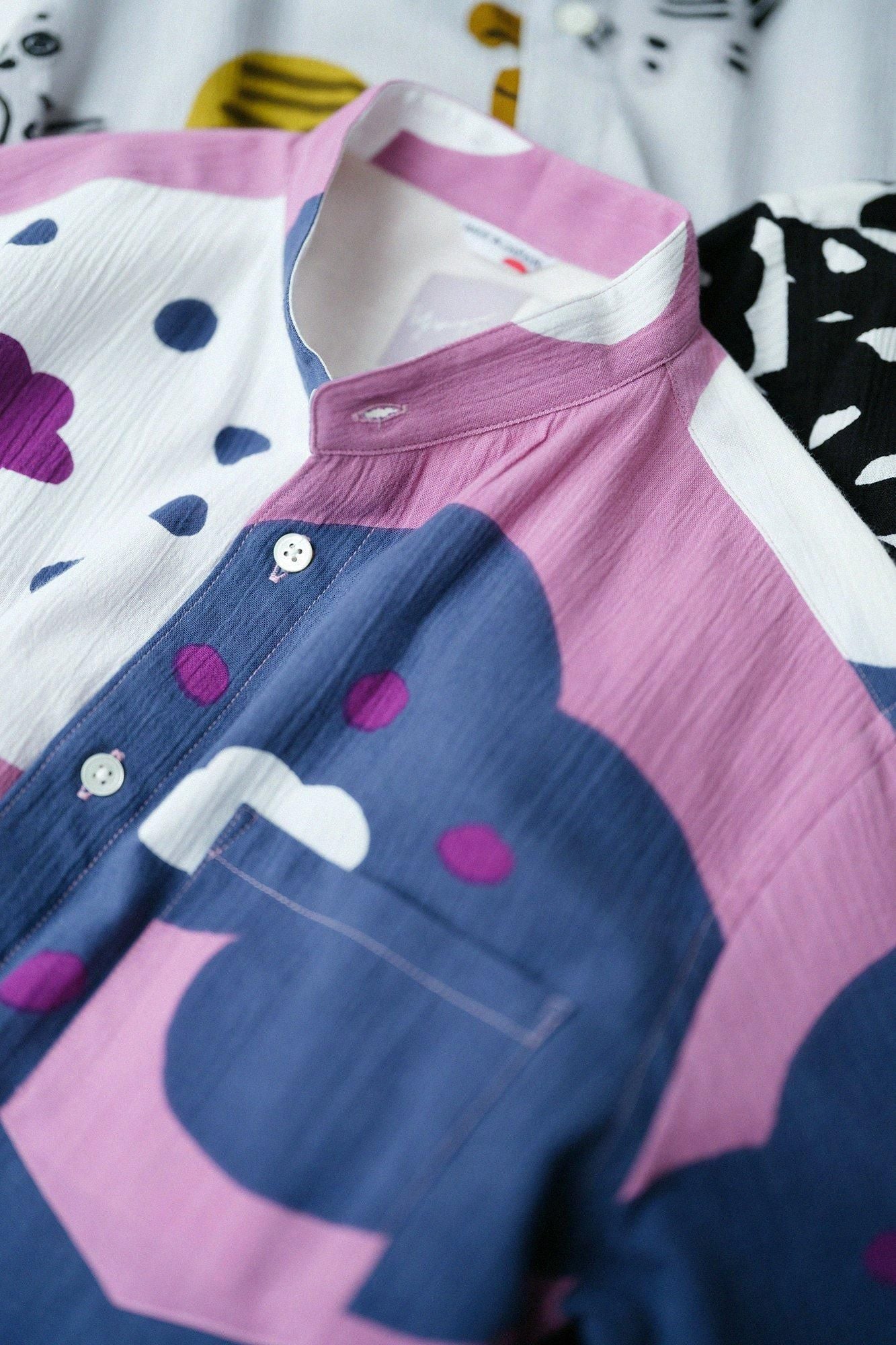 高島縮棉 20/20立領短袖襯衫/微笑粉紅色