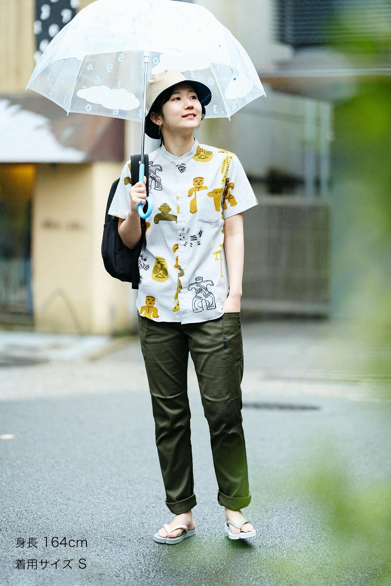 Chizimi Cotton 20/20 Stand Collar Short Sleeve Shirt / Clay Figure