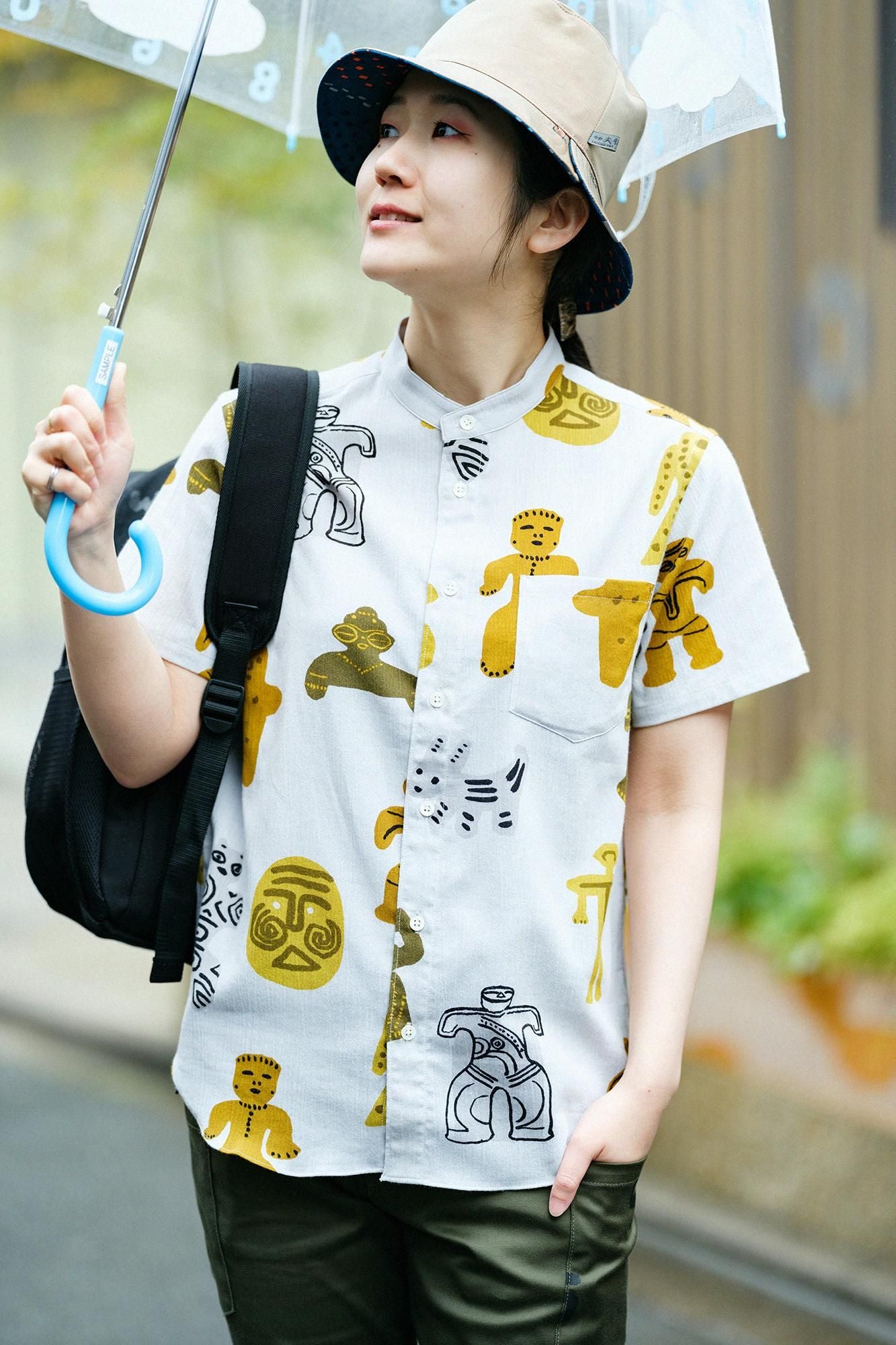 Chizimi Cotton 20/20 Stand Collar Short Sleeve Shirt / Clay Figure