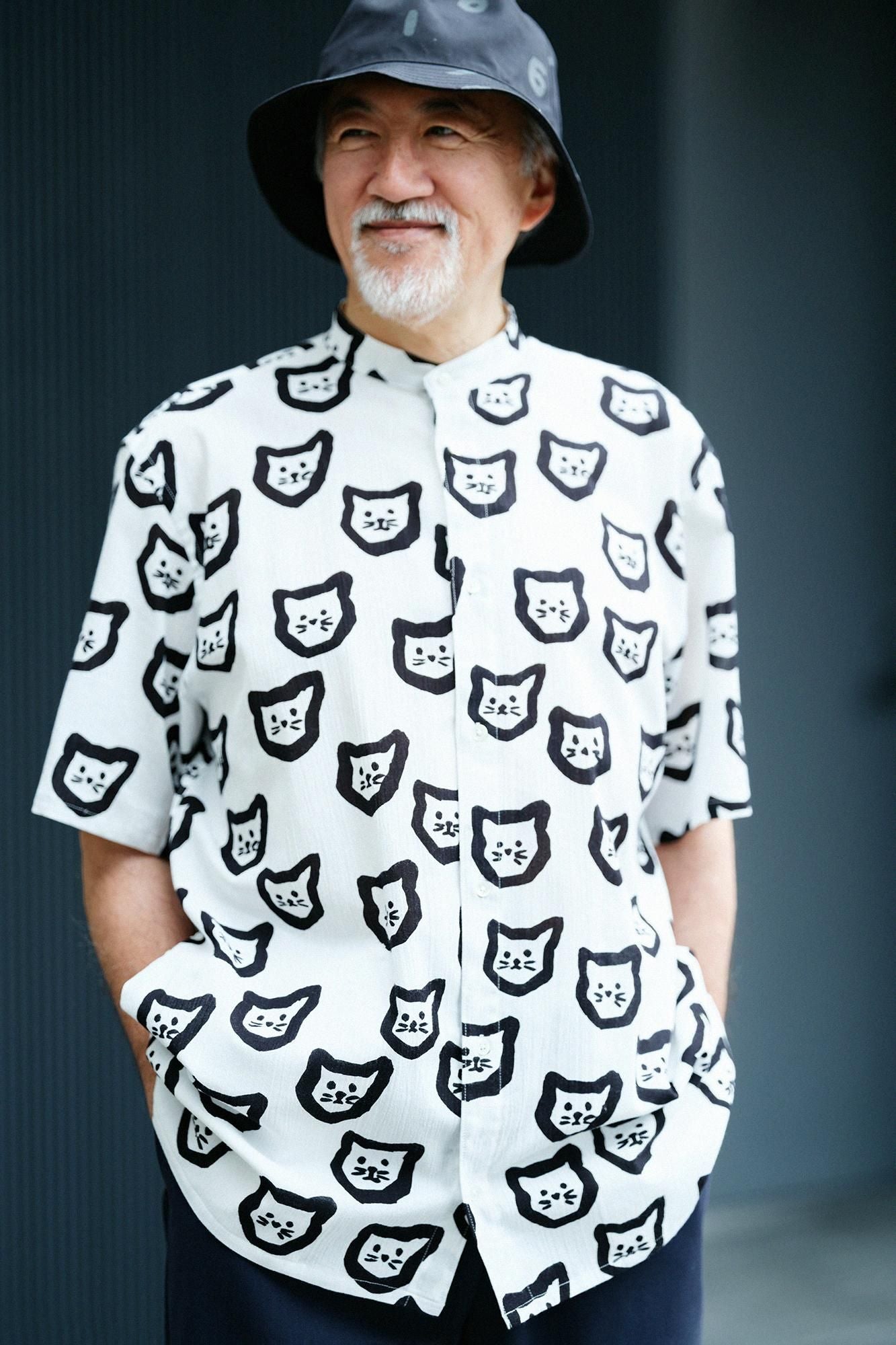 Chizimi Cotton 20/20 Stand Collar Short Sleeve Shirt SP／Kitten Scattered