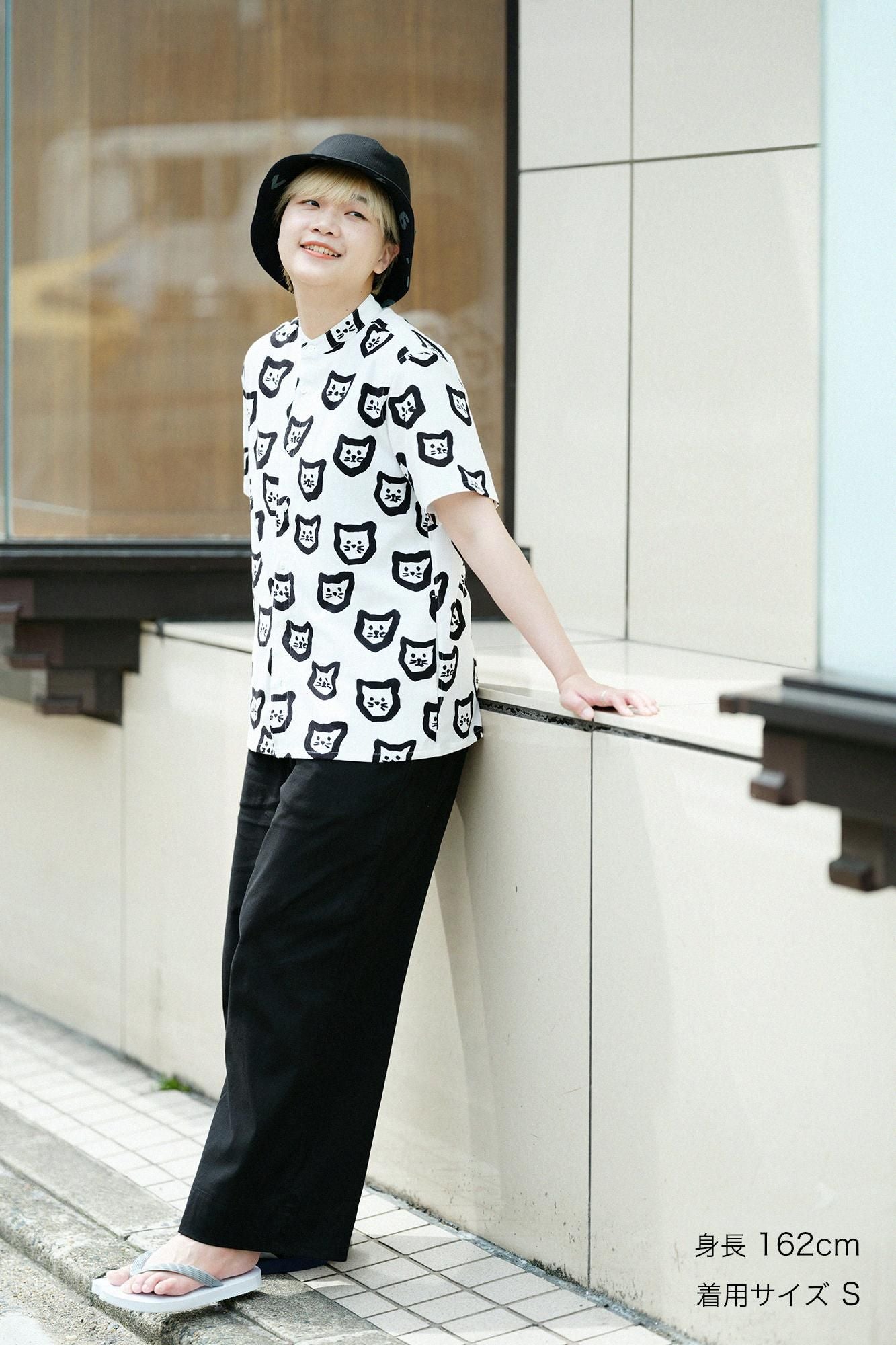 Chizimi Cotton 20/20 Stand Collar Short Sleeve Shirt SP／Kitten Scattered