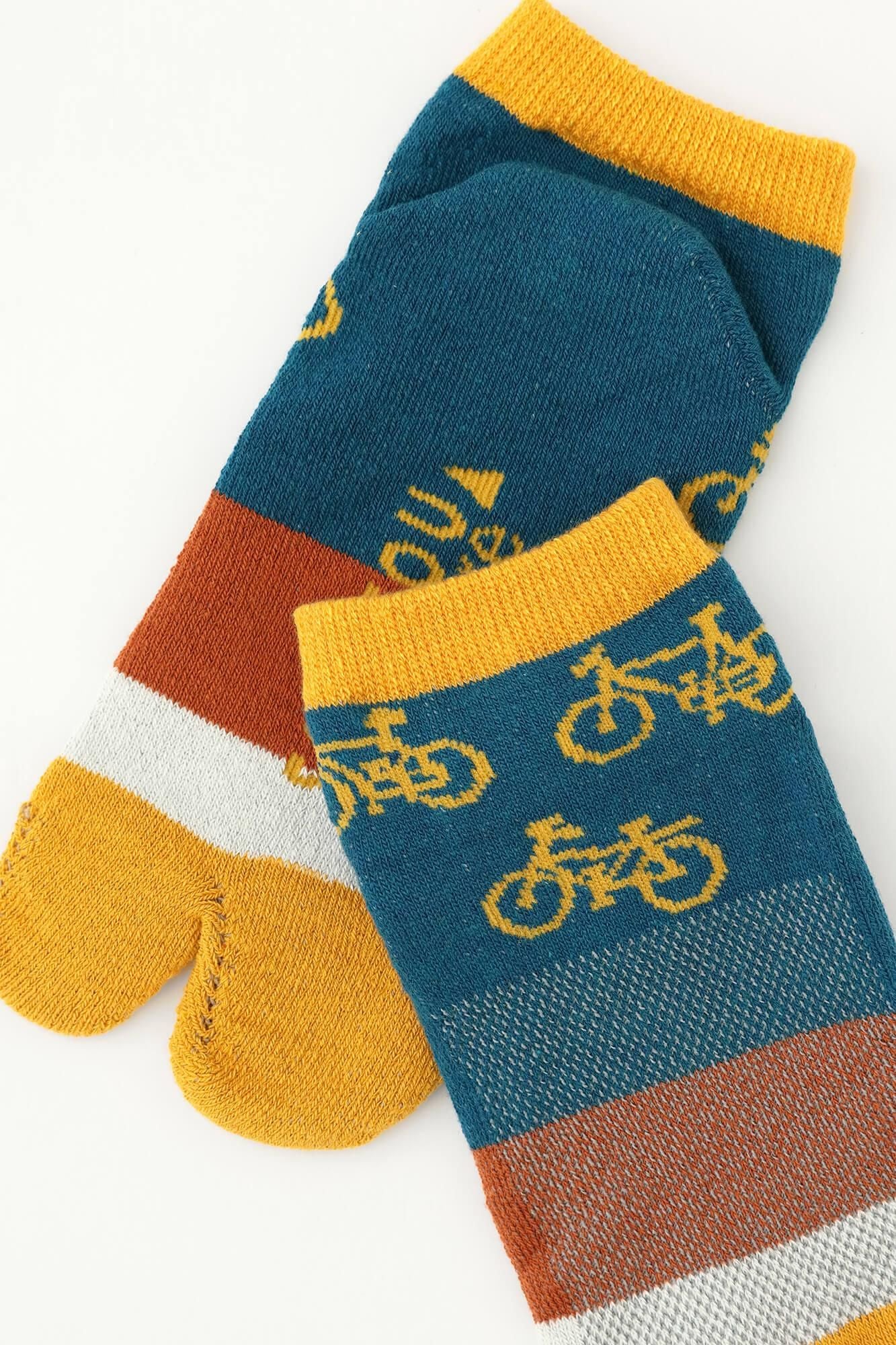毛巾質地網布分趾襪（腳踝長度）／單車圖案 金黃色