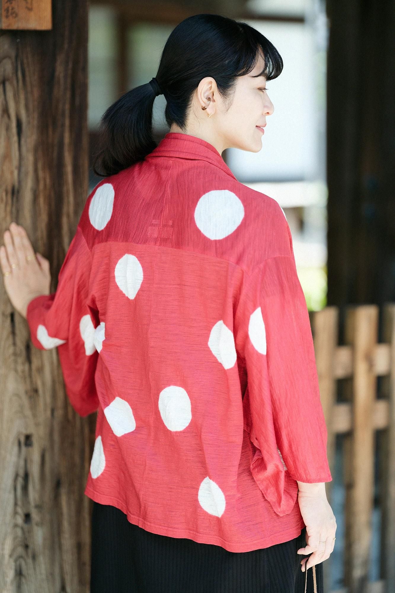 Tabata Tie-dye Linen Kimono Sleeve Cardigan / Large Polka Dots Scarlet × White